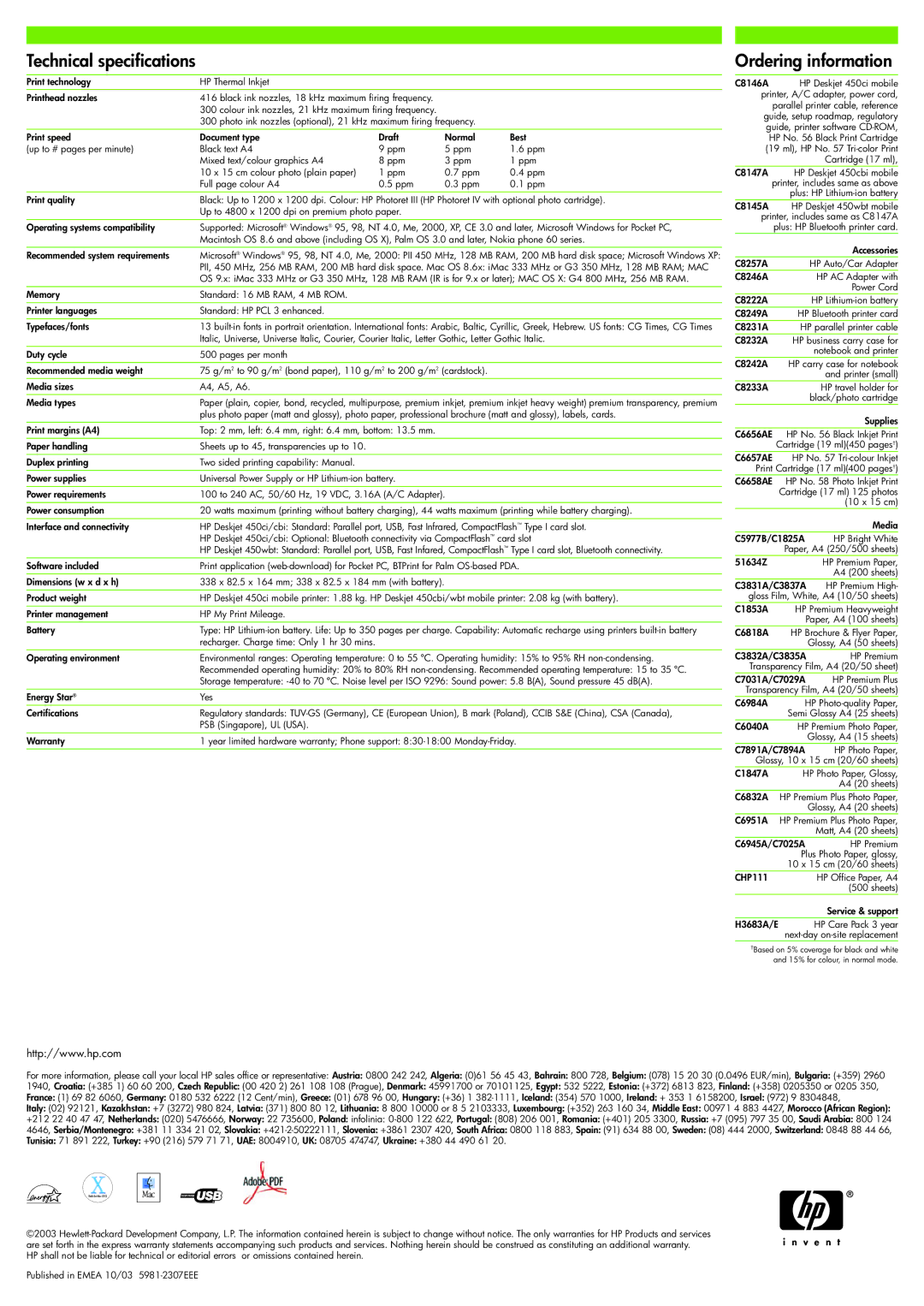 HP 450CBi, 450Ci, 450wbt manual Technical specifications, Ordering information 