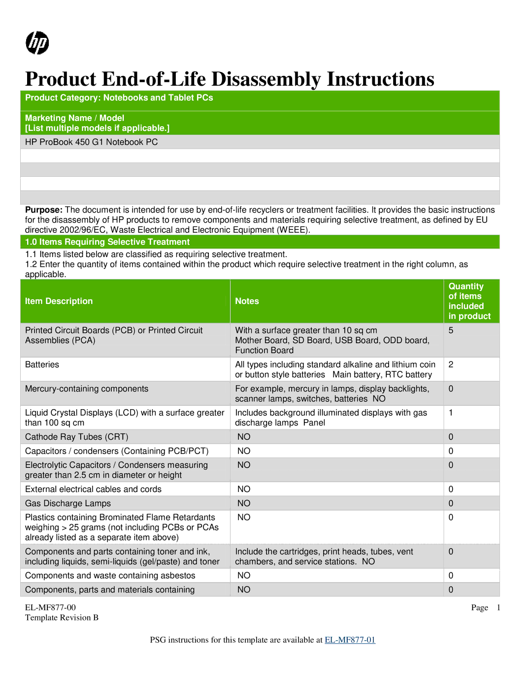 HP 450 G1 manual Items Requiring Selective Treatment, Quantity Item Description Items Included Product 