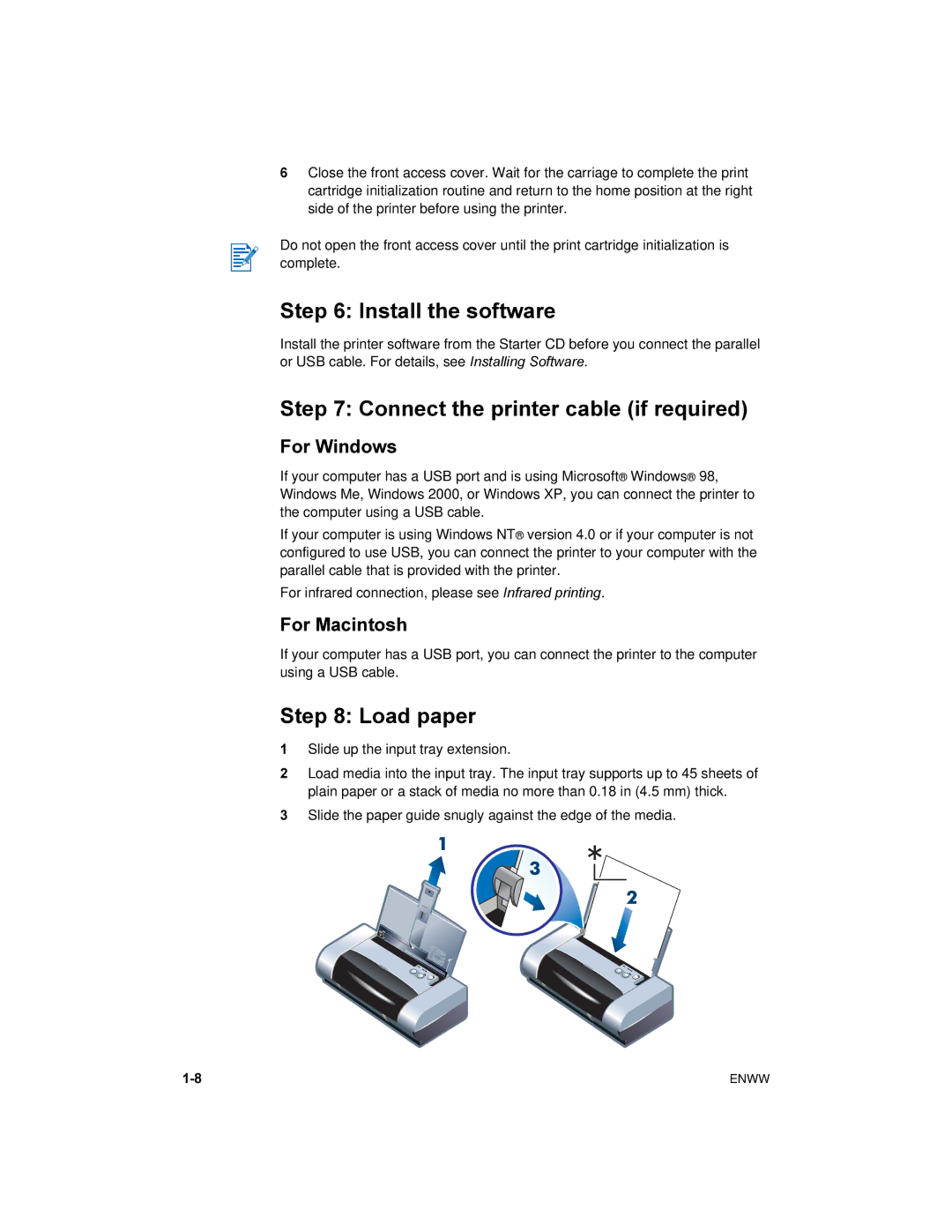 HP 450 manual Install the software, Connect the printer cable if required, Load paper, For Windows, For Macintosh 