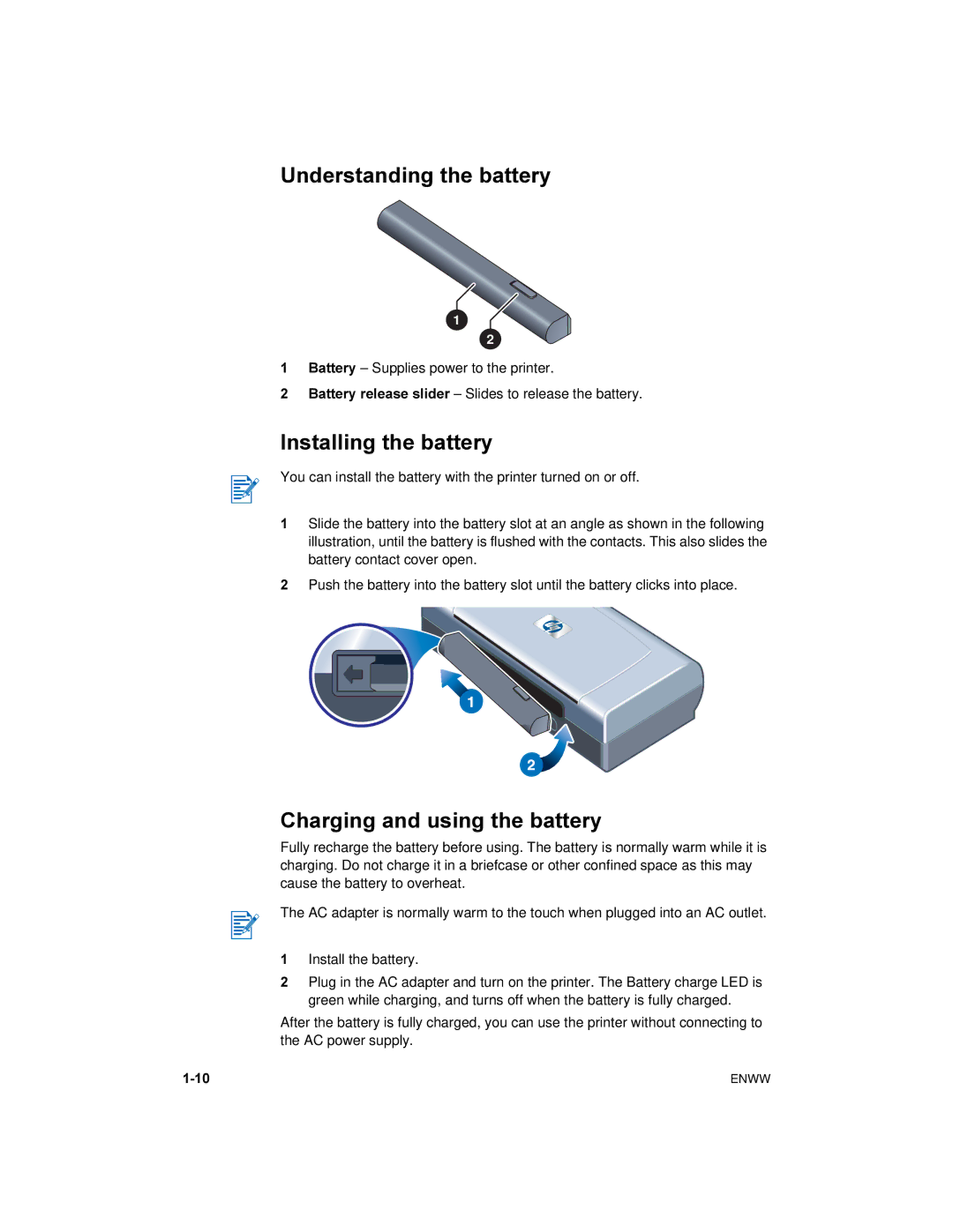 HP 450 manual Understanding the battery, Installing the battery, Charging and using the battery 