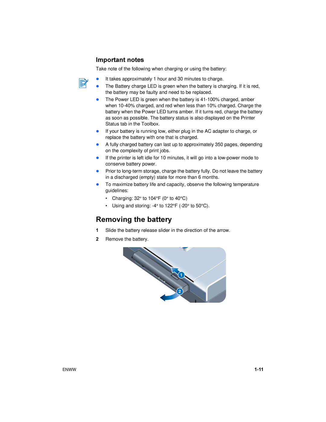 HP 450 manual Removing the battery, Important notes 