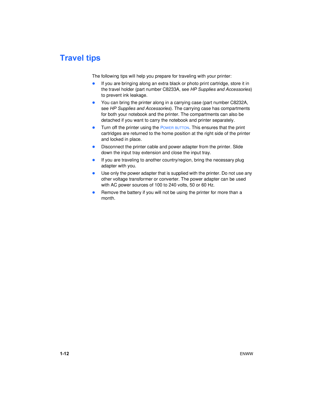 HP 450 manual Travel tips 