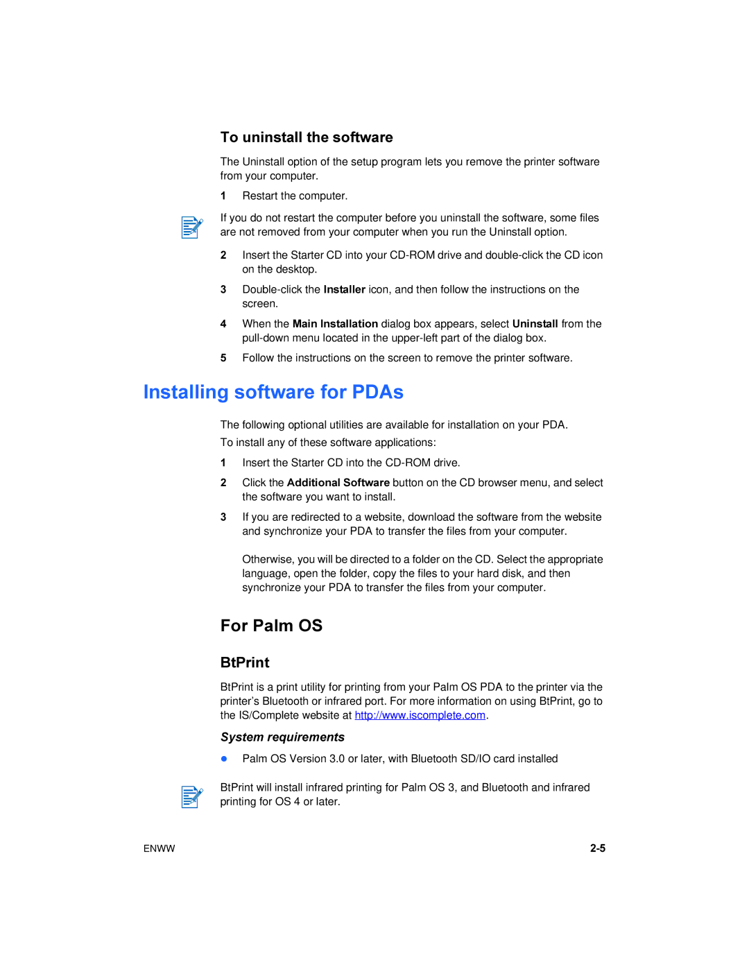 HP 450 manual Installing software for PDAs, For Palm OS, BtPrint, System requirements 