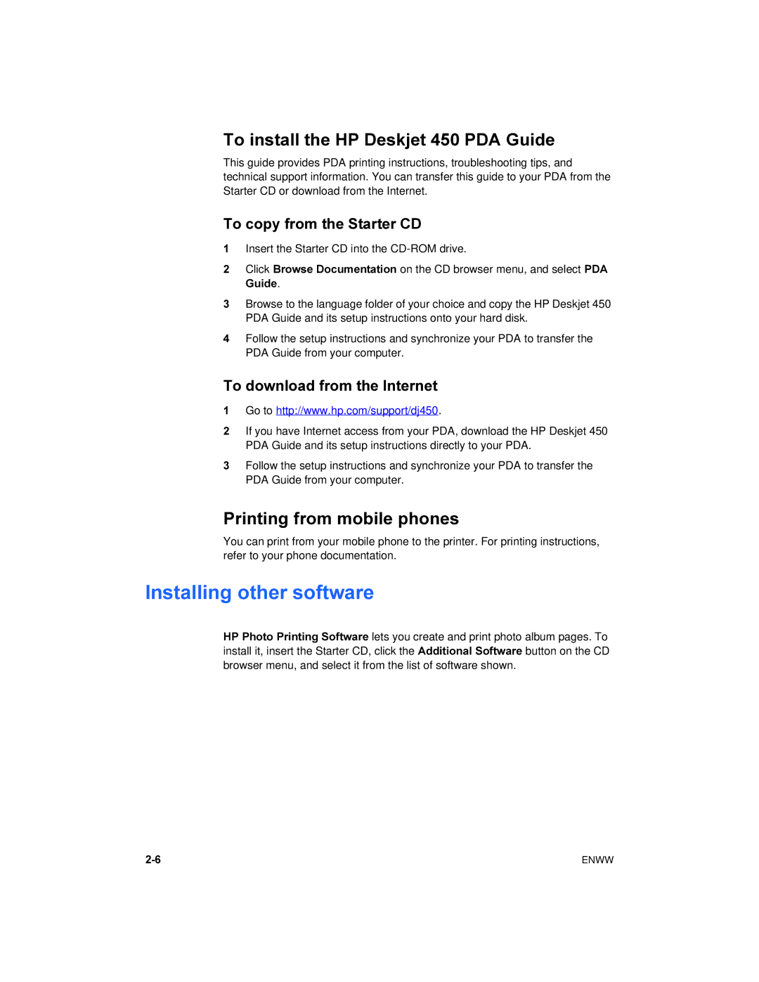 HP manual Installing other software, To install the HP Deskjet 450 PDA Guide, Printing from mobile phones 