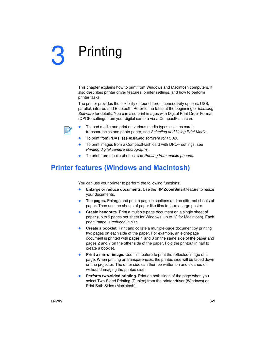 HP 450 manual Printing, Printer features Windows and Macintosh 