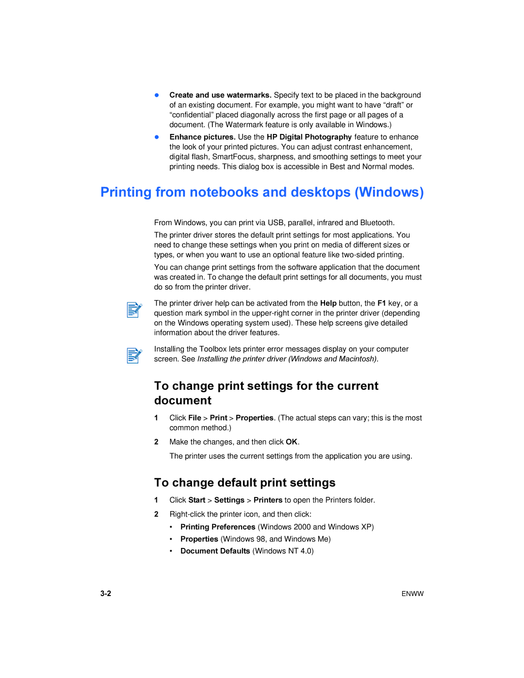 HP 450 manual Printing from notebooks and desktops Windows, To change print settings for the current document 