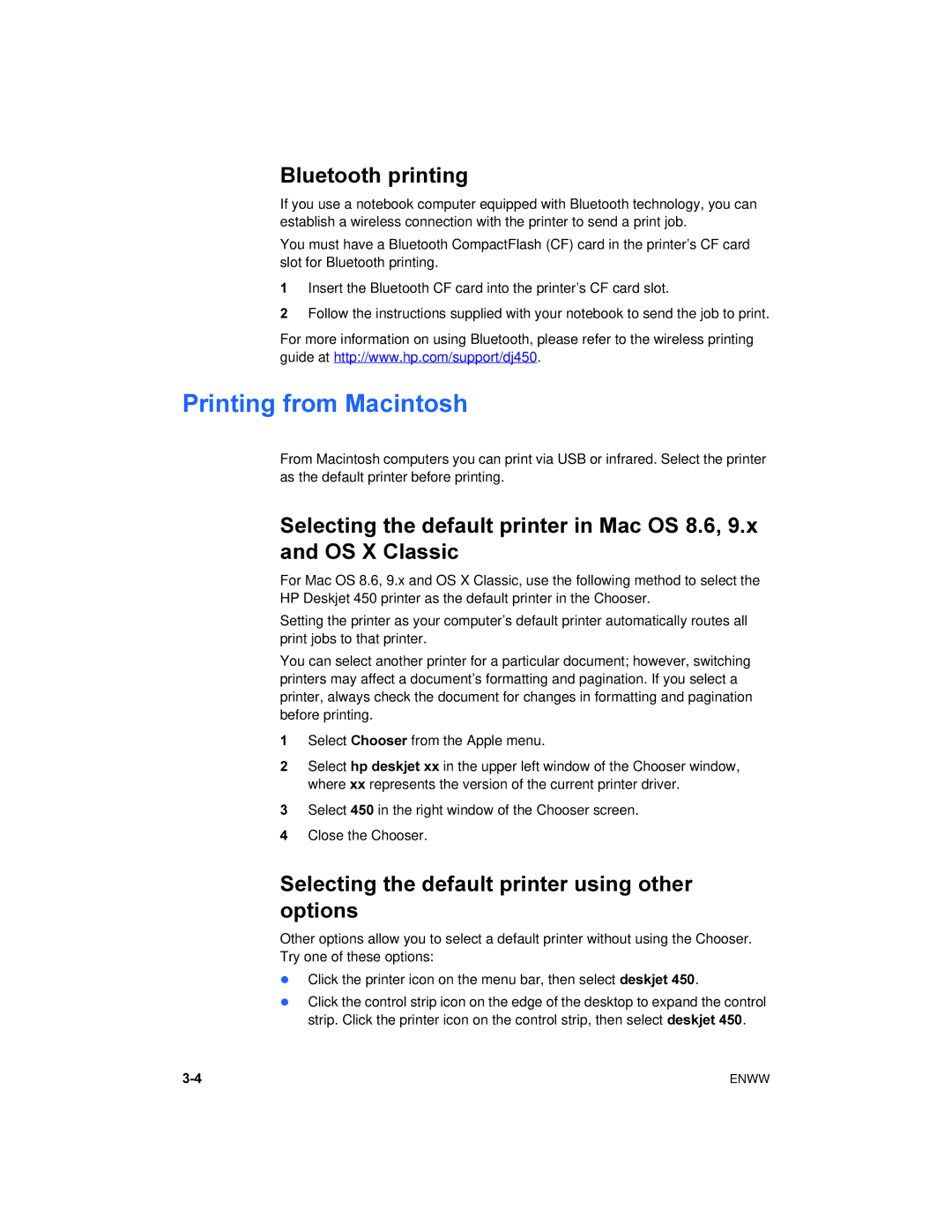 HP 450 manual Printing from Macintosh, Bluetooth printing, Selecting the default printer using other options 