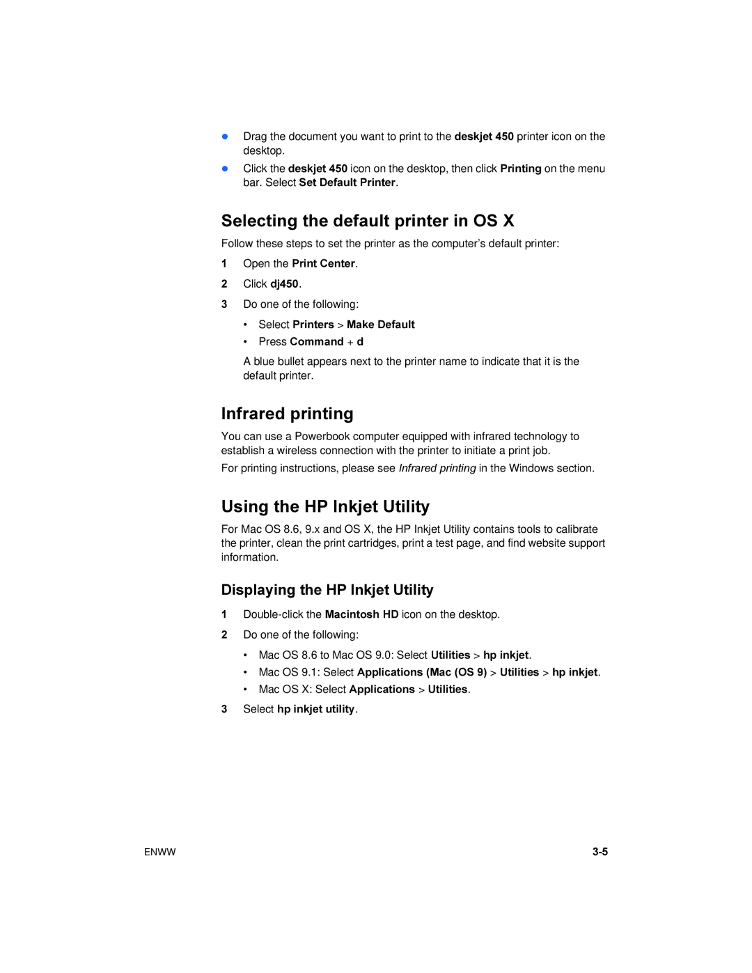 HP 450 manual Selecting the default printer in OS, Using the HP Inkjet Utility, Displaying the HP Inkjet Utility 