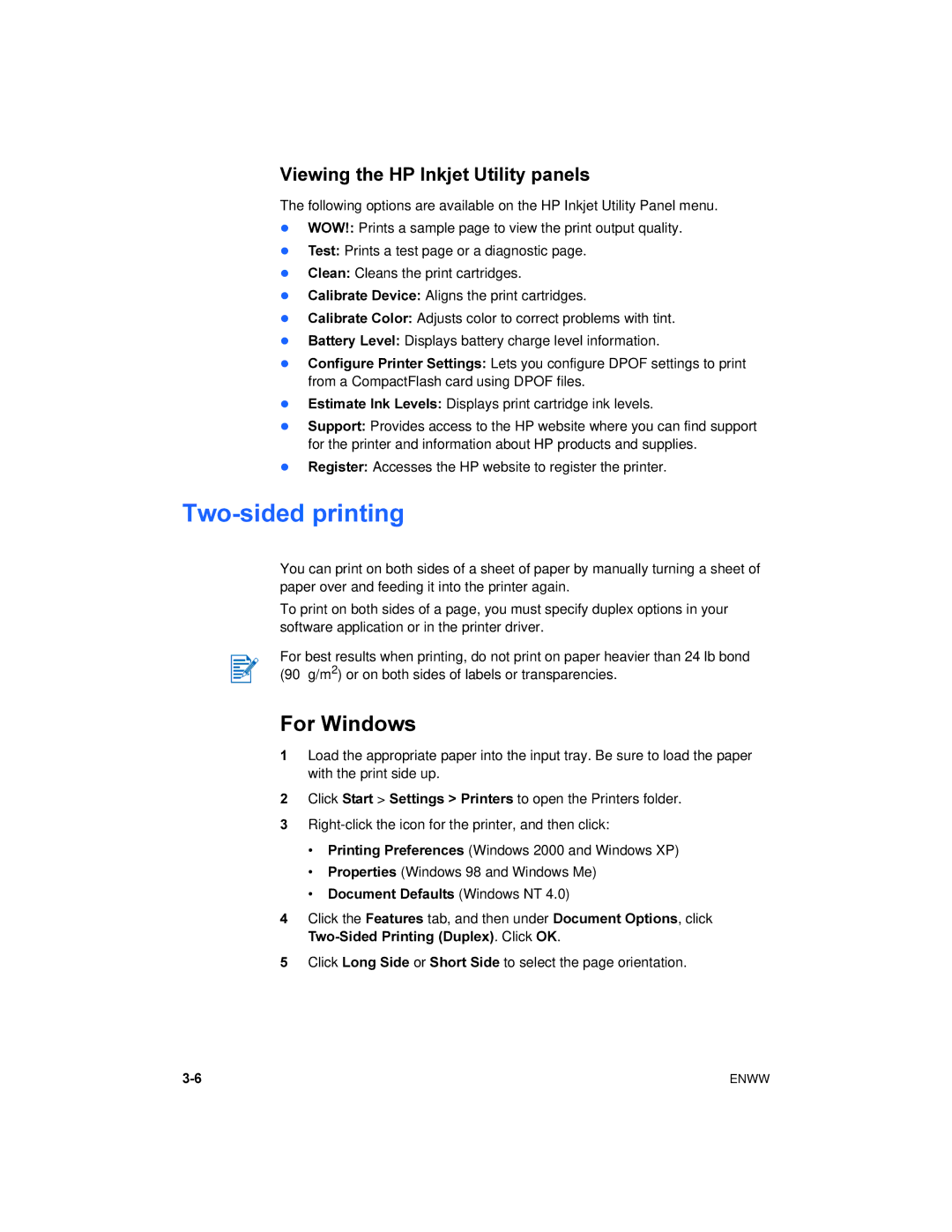 HP 450 manual Two-sided printing, Viewing the HP Inkjet Utility panels 