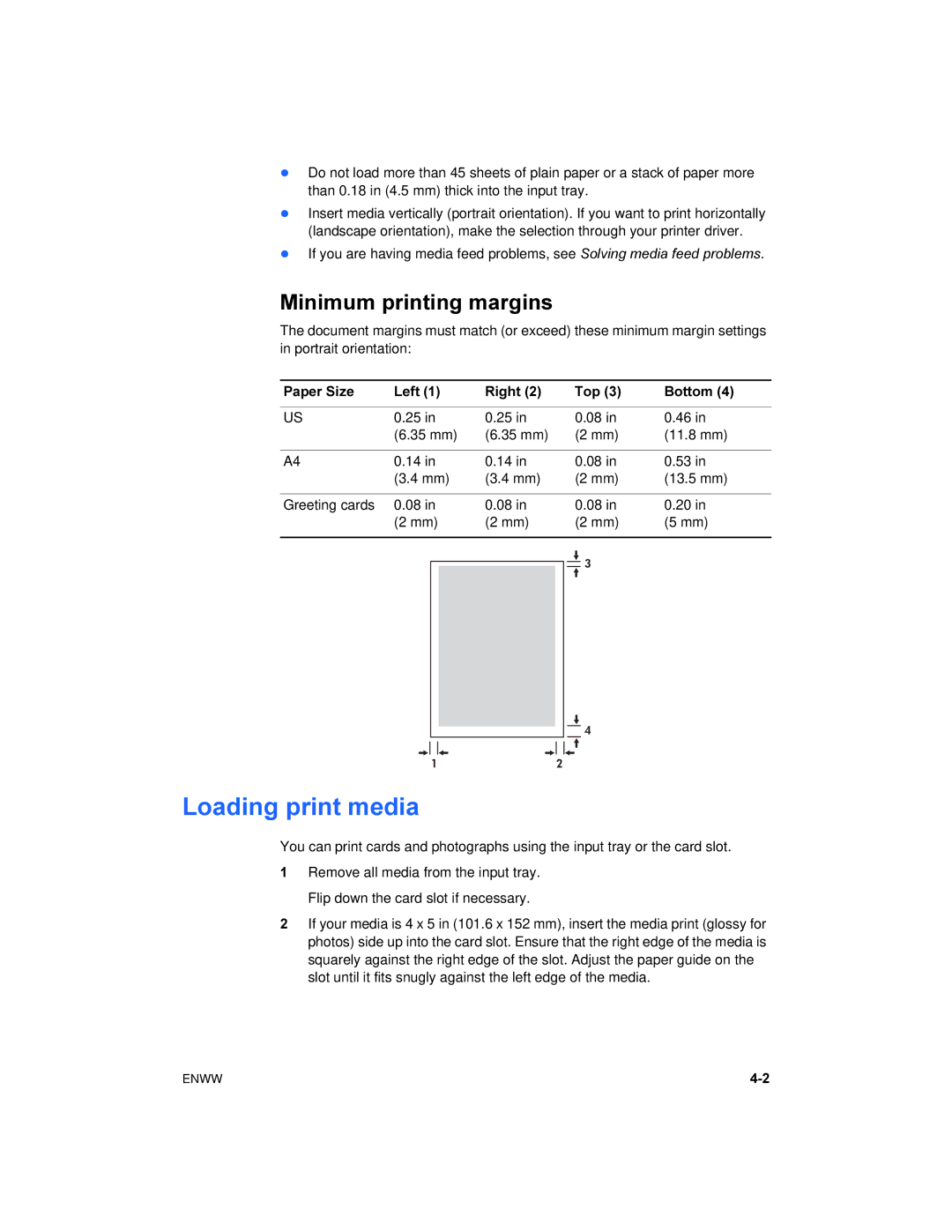 HP 450 manual Loading print media, Minimum printing margins 