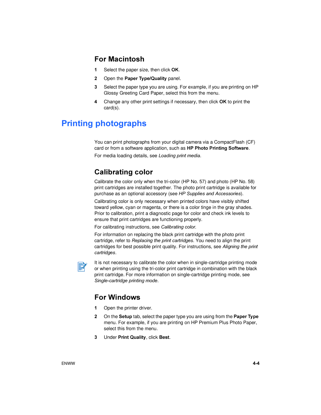 HP 450 manual Printing photographs, Calibrating color 