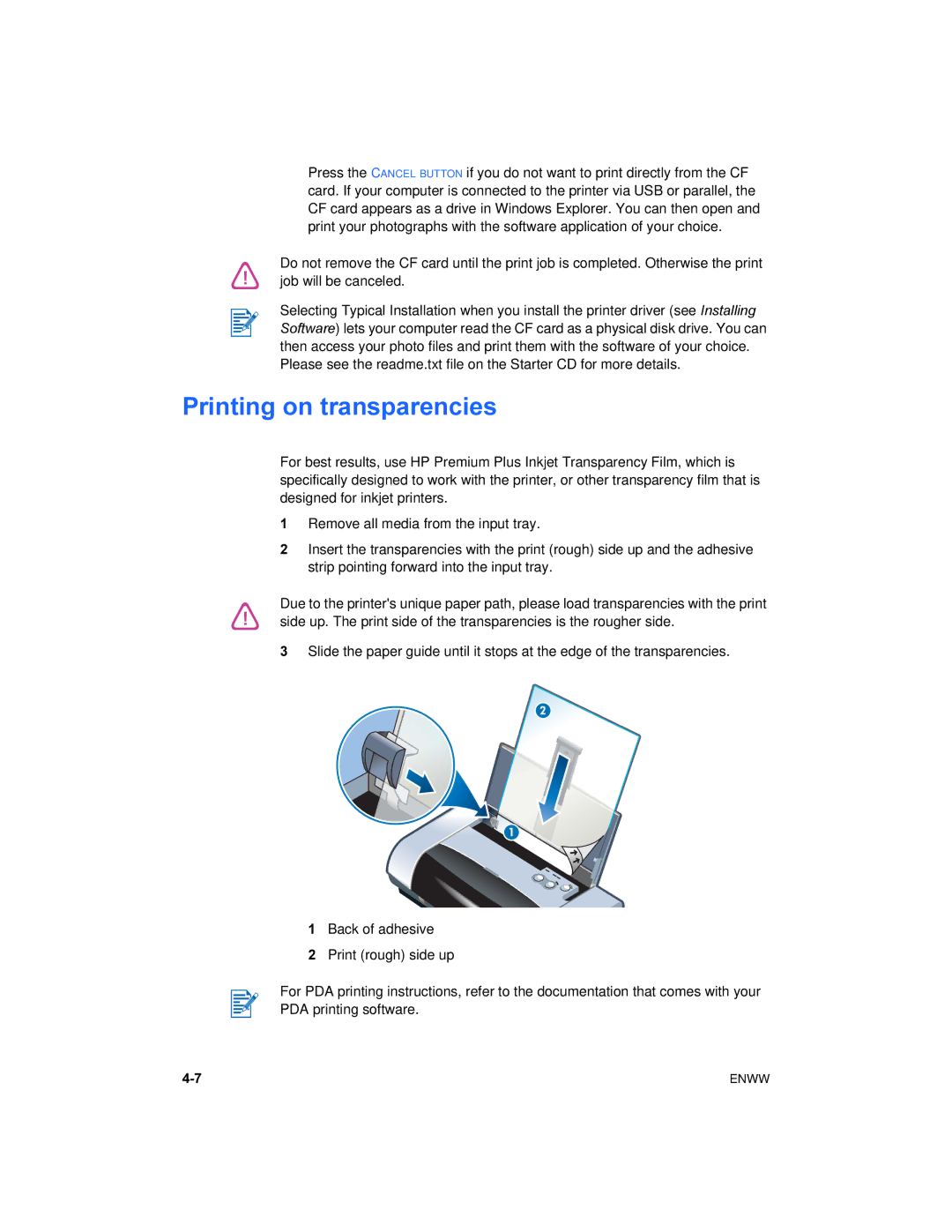 HP 450 manual Printing on transparencies 