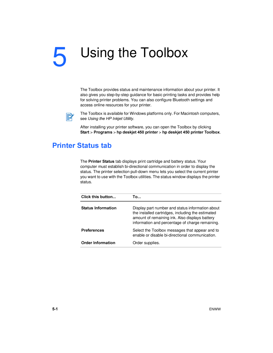 HP 450 manual Using the Toolbox, Printer Status tab 