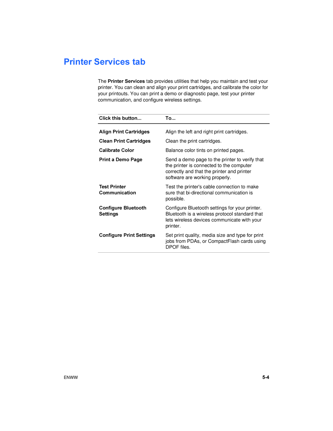 HP 450 manual Printer Services tab 