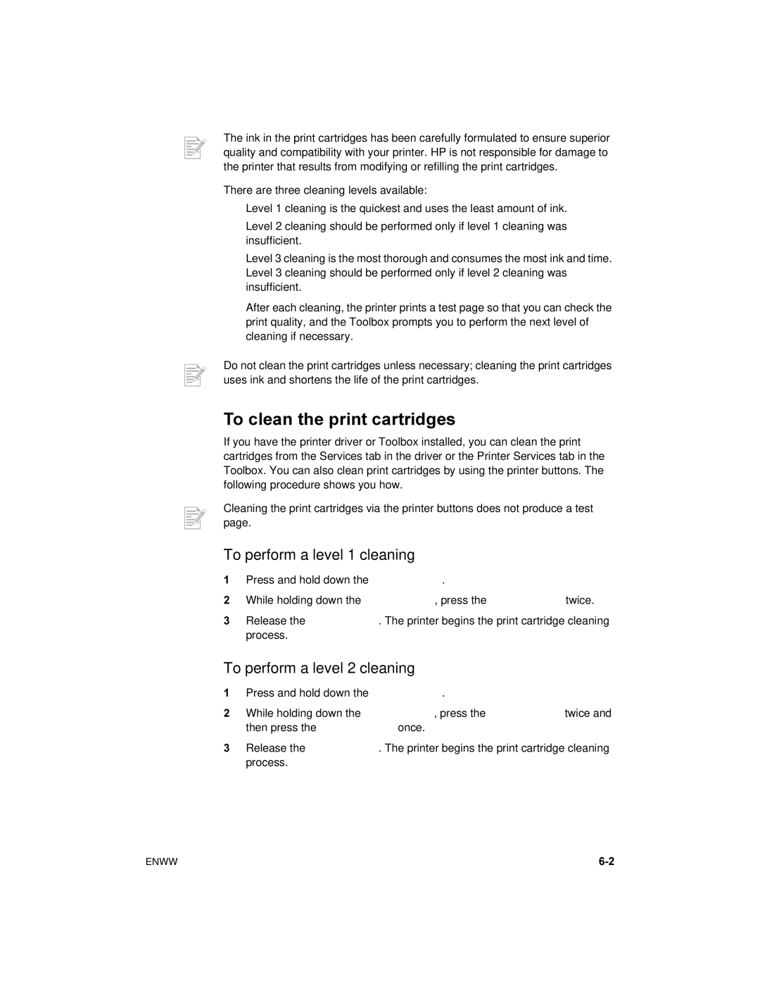 HP 450 manual To clean the print cartridges, To perform a level 1 cleaning, To perform a level 2 cleaning 