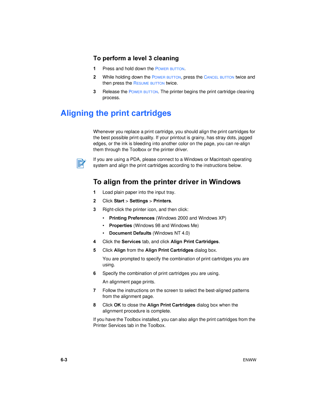 HP 450 manual Aligning the print cartridges, To align from the printer driver in Windows, To perform a level 3 cleaning 