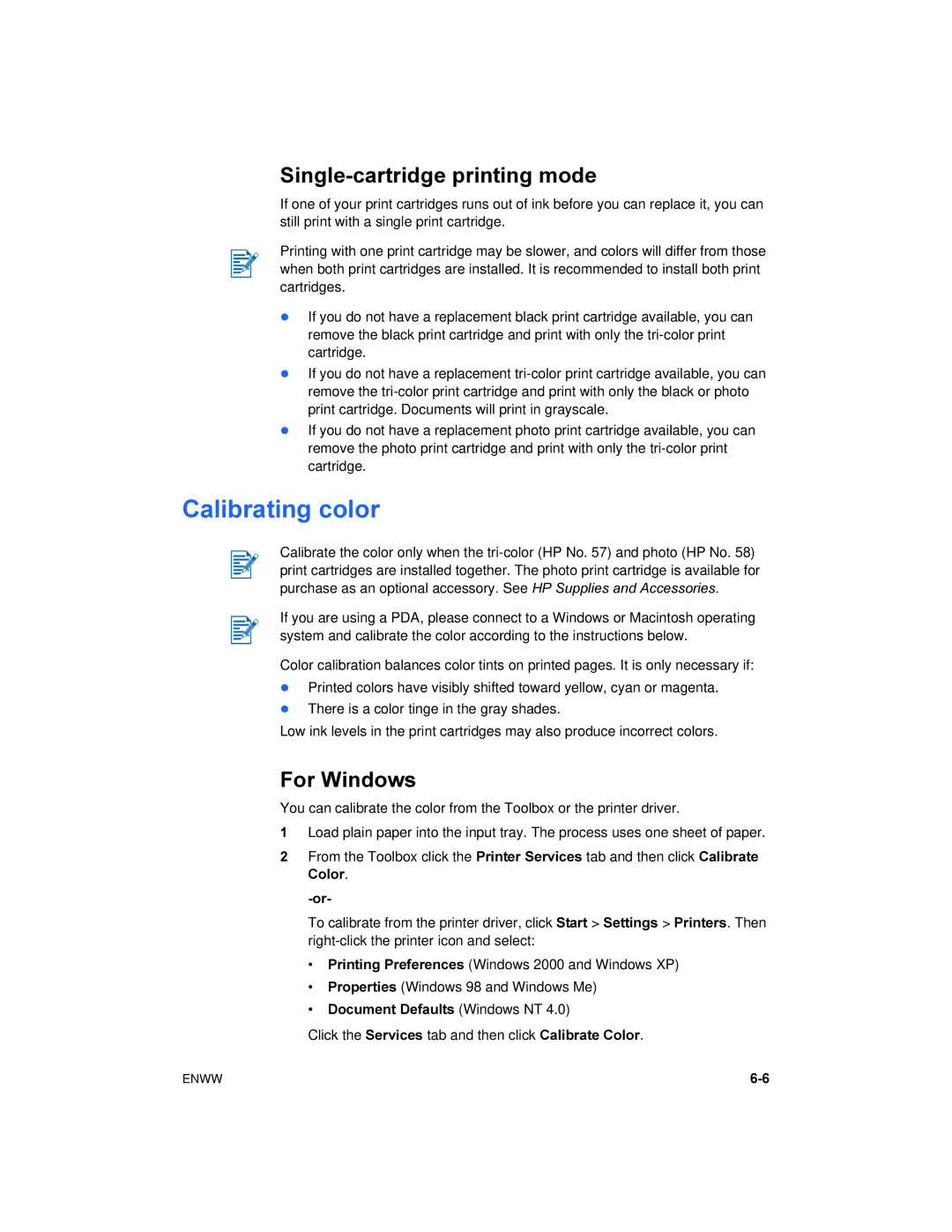 HP 450 manual Calibrating color, Single-cartridge printing mode 