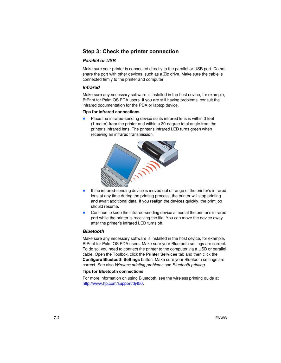 HP 450 manual Check the printer connection, Parallel or USB, Infrared, Bluetooth 