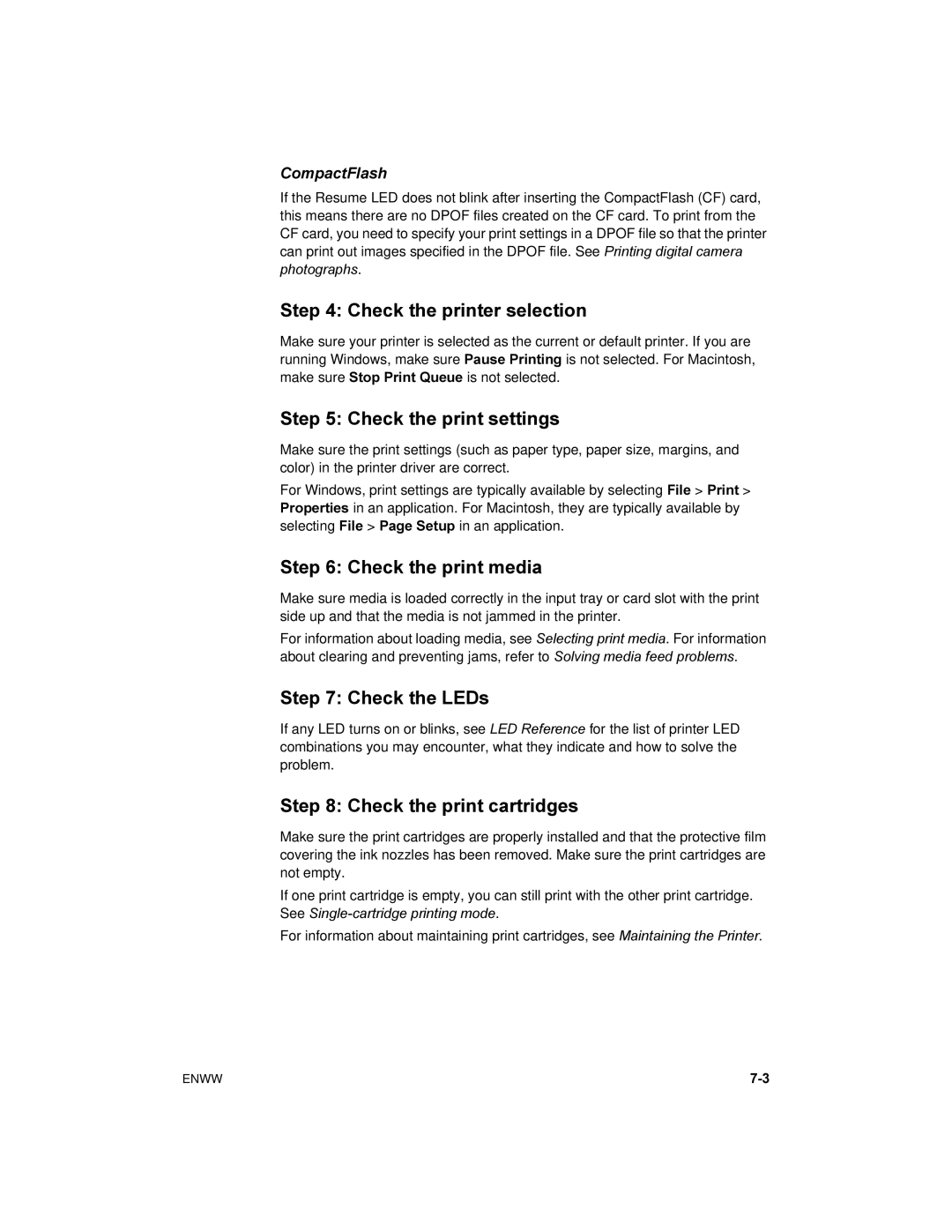 HP 450 manual Check the printer selection, Check the print settings, Check the print media, Check the LEDs 