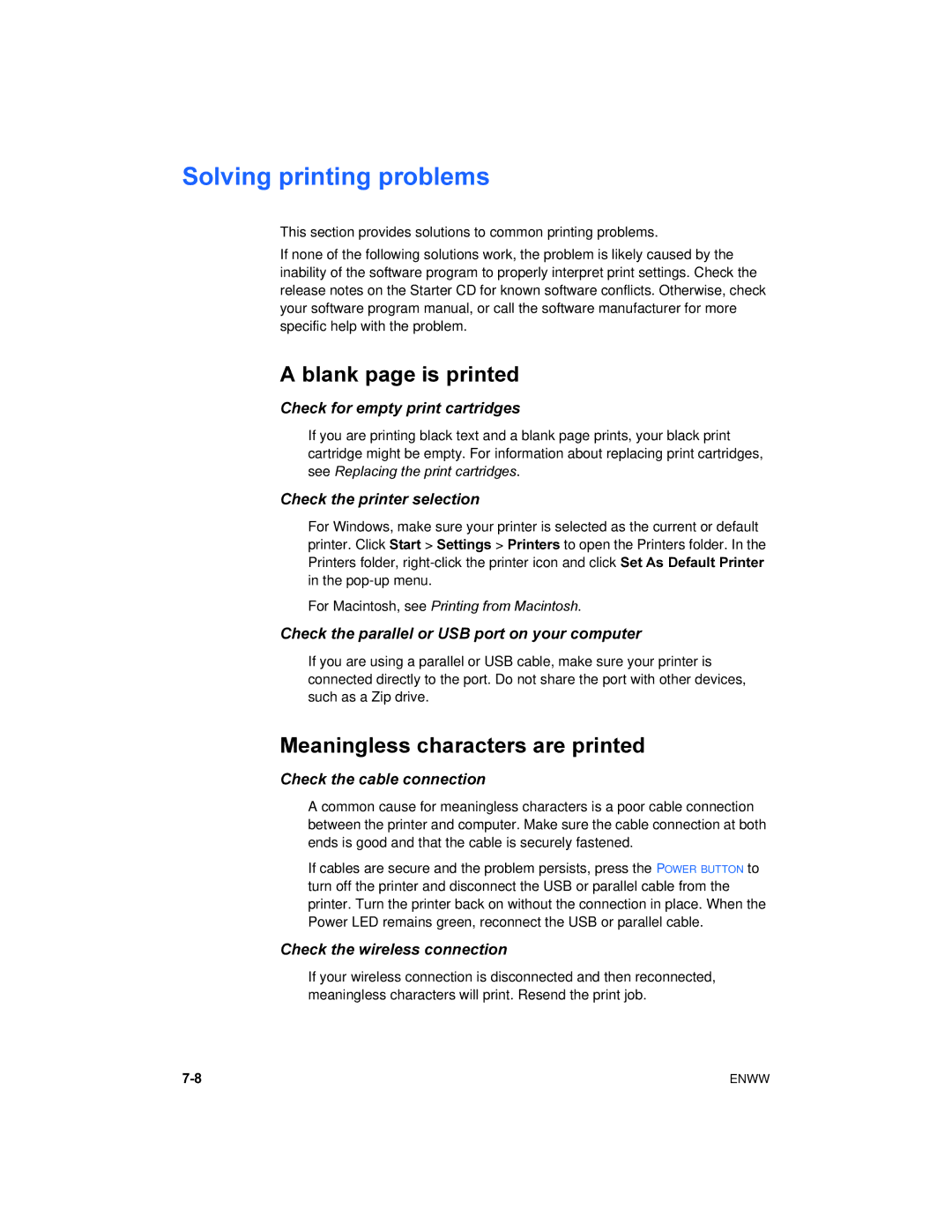 HP 450 manual Solving printing problems, Blank page is printed, Meaningless characters are printed 