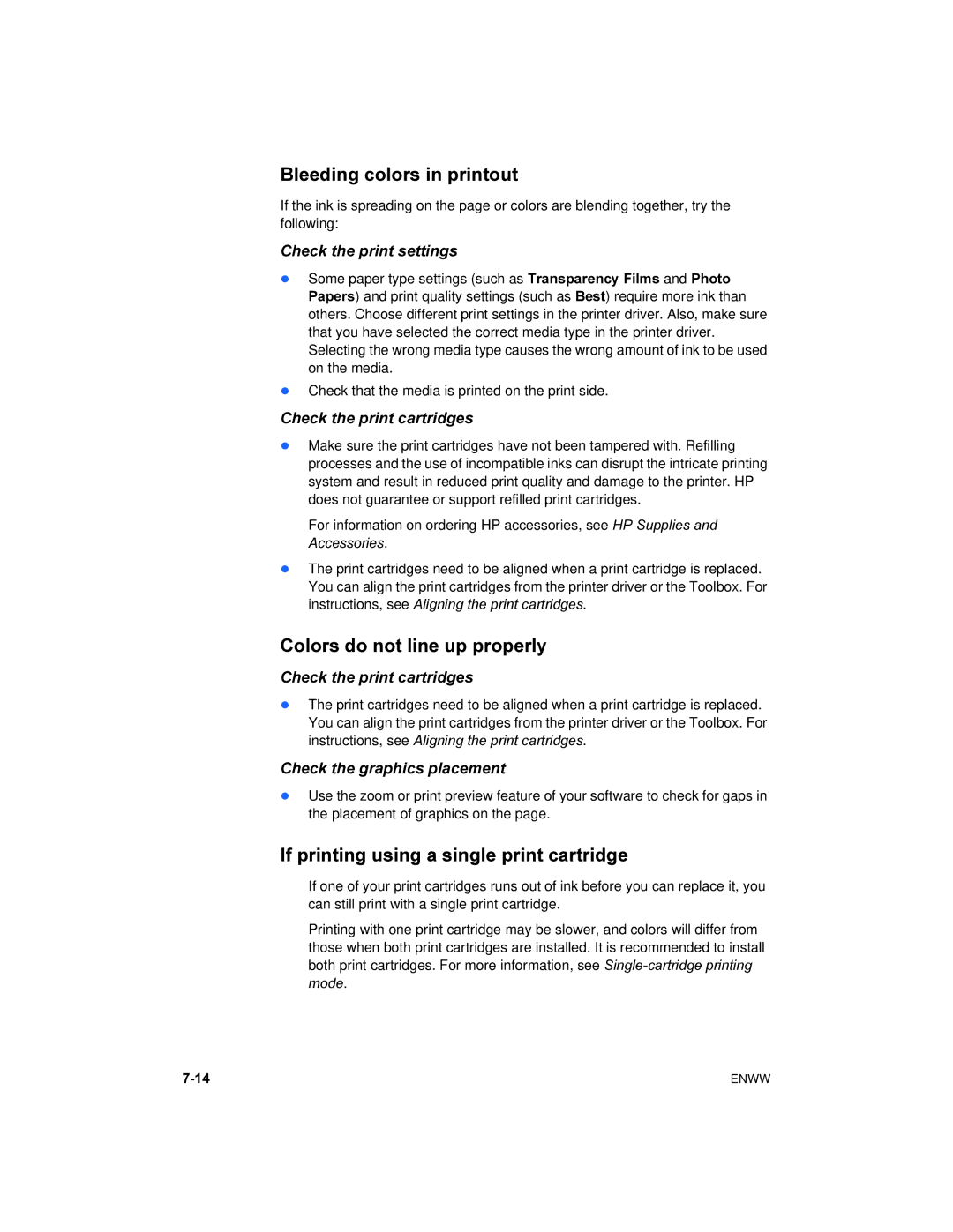 HP 450 manual Bleeding colors in printout, Colors do not line up properly, If printing using a single print cartridge 