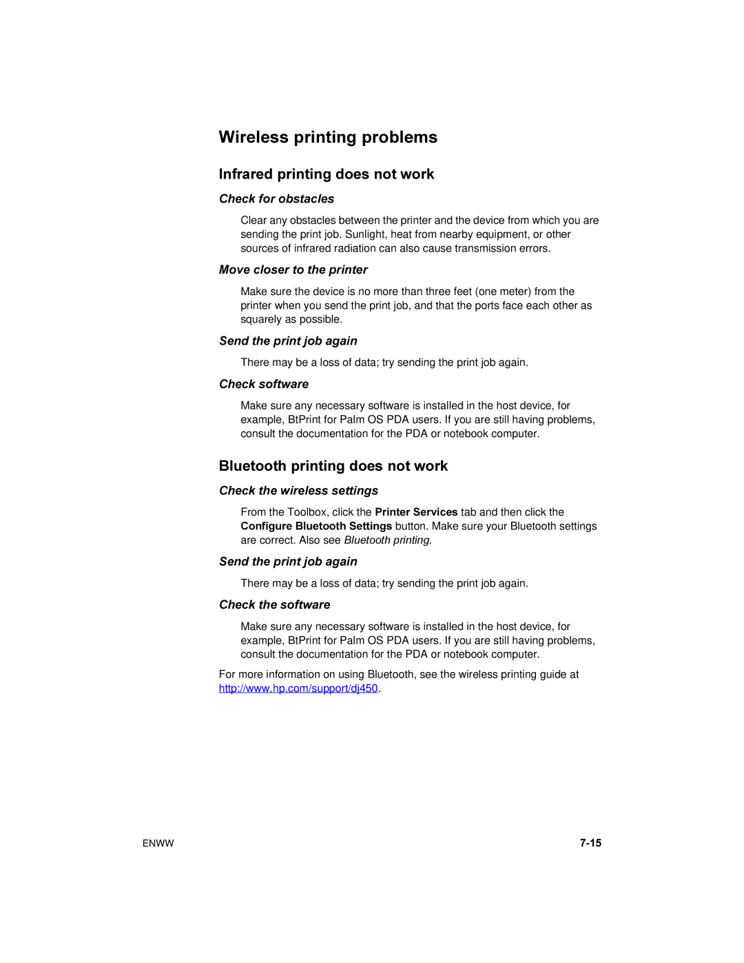 HP 450 manual Wireless printing problems, Infrared printing does not work, Bluetooth printing does not work 