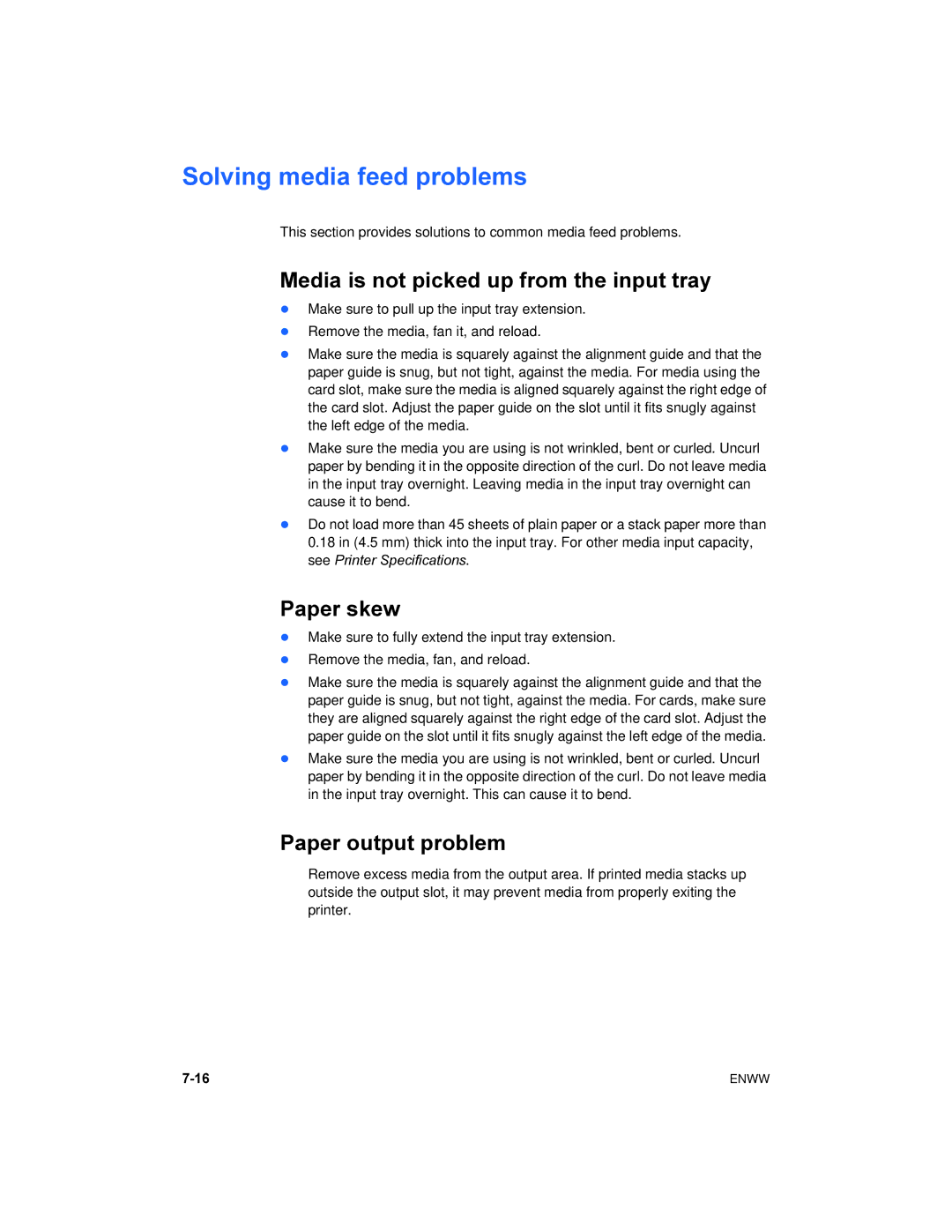 HP 450 manual Solving media feed problems, Media is not picked up from the input tray, Paper skew, Paper output problem 