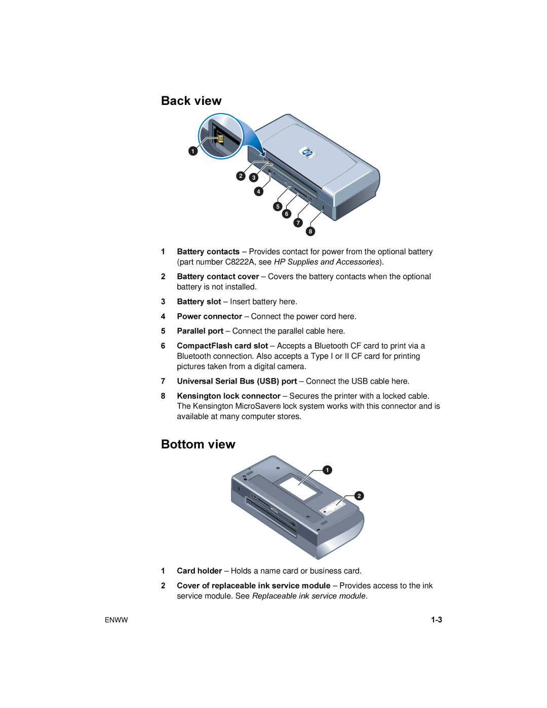 HP 450 manual Back view, Bottom view 