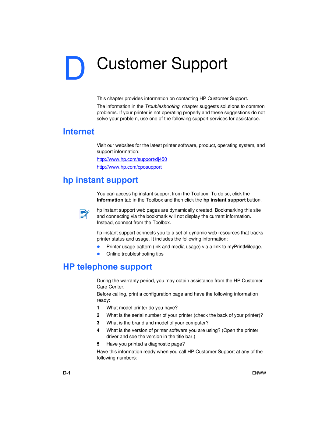 HP 450 manual Customer Support, Internet, Hp instant support, HP telephone support 