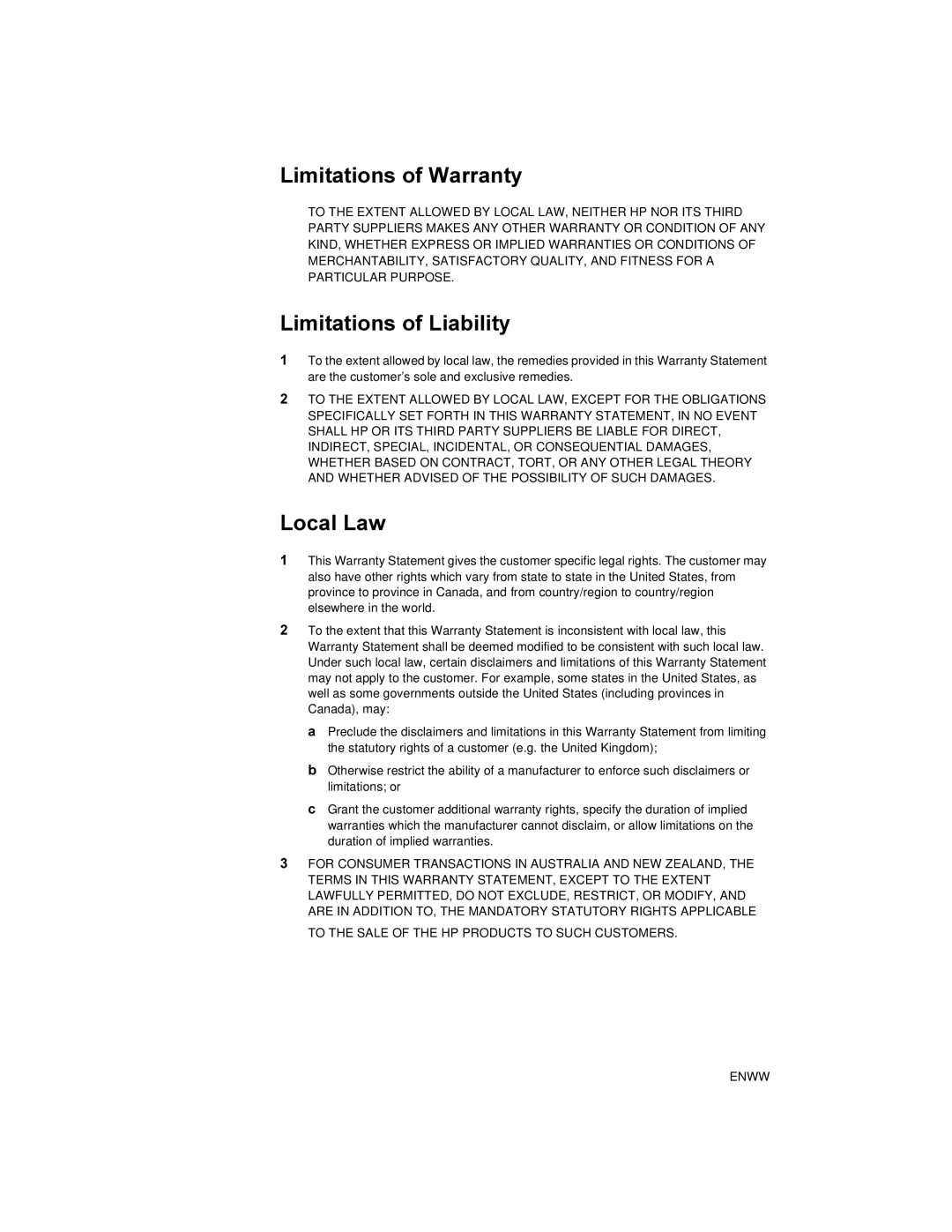 HP 450 manual Limitations of Warranty, Limitations of Liability, Local Law 