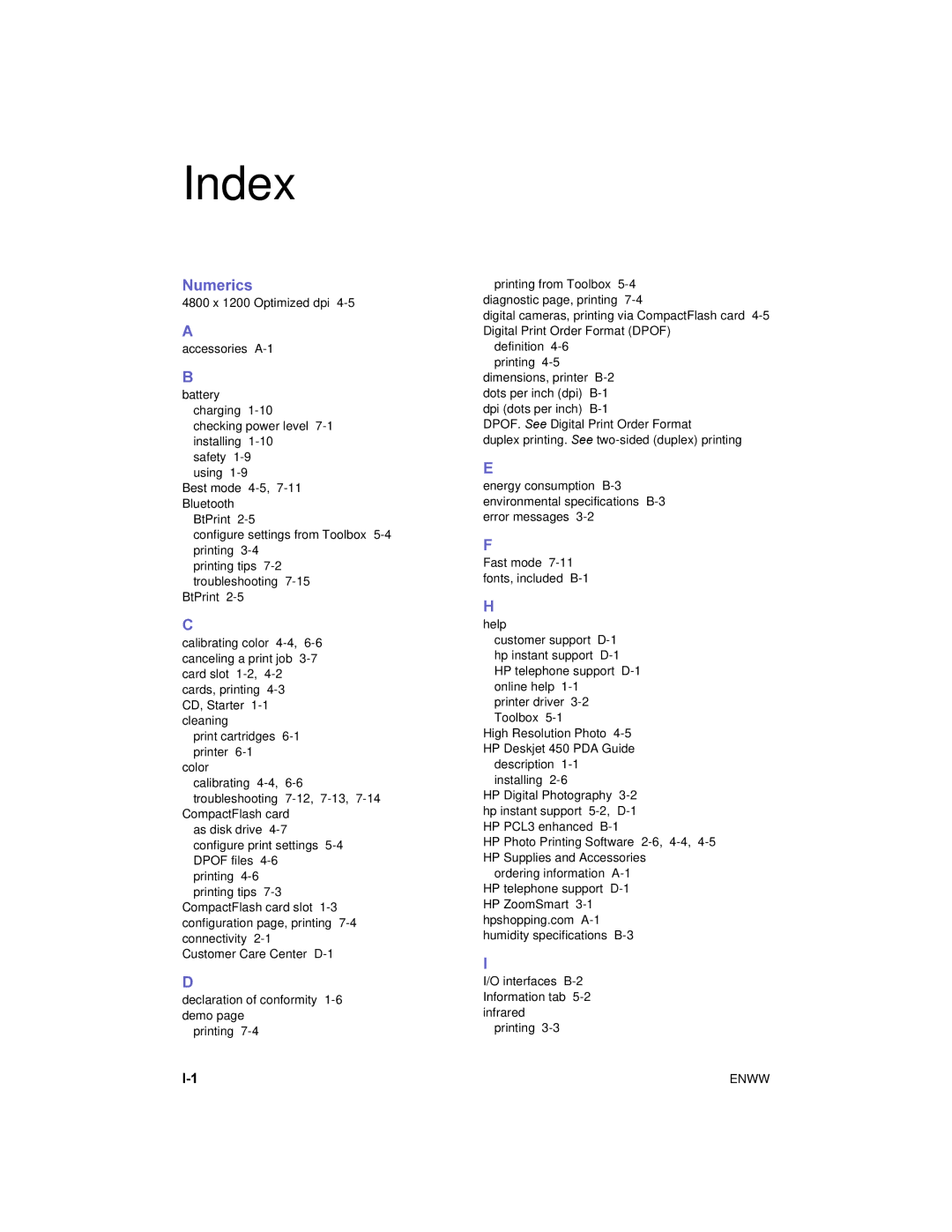 HP 450 manual Index, Numerics 