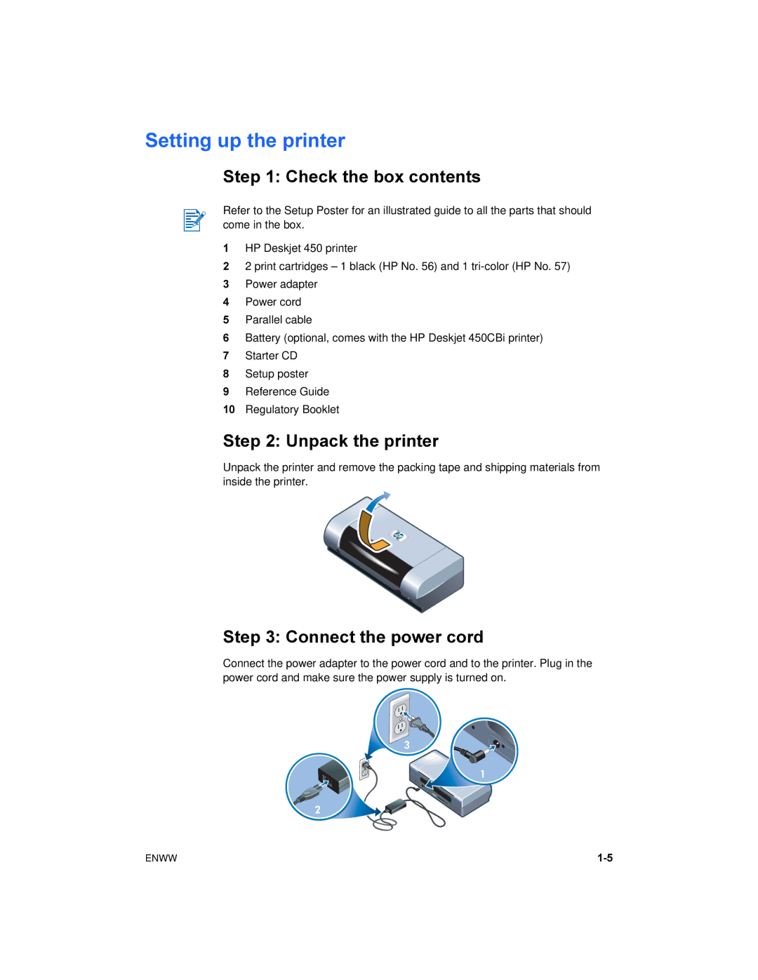 HP 450 manual Setting up the printer, Check the box contents, Unpack the printer, Connect the power cord 