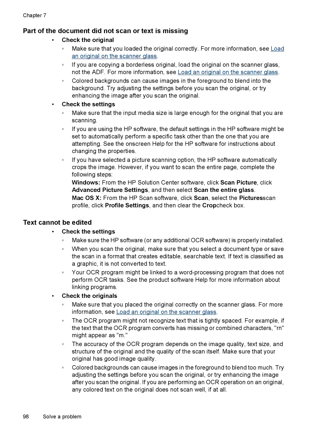 HP 4500 - G510a manual Part of the document did not scan or text is missing, Text cannot be edited, Check the originals 