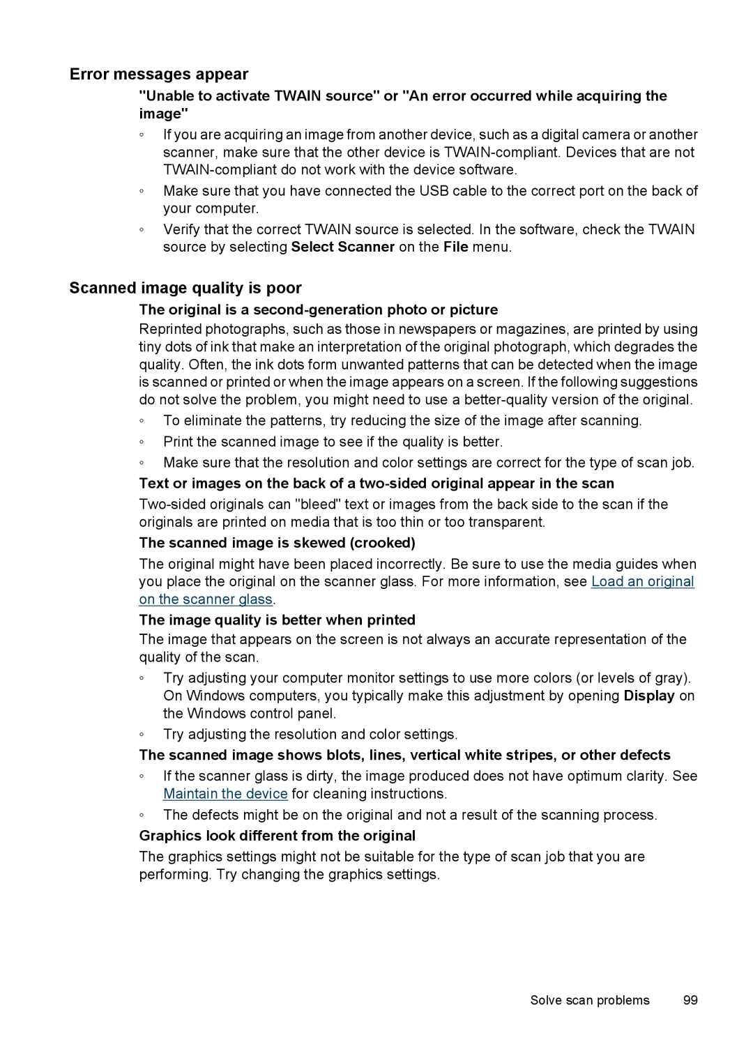 HP 4500 - G510a manual Error messages appear, Scanned image quality is poor 