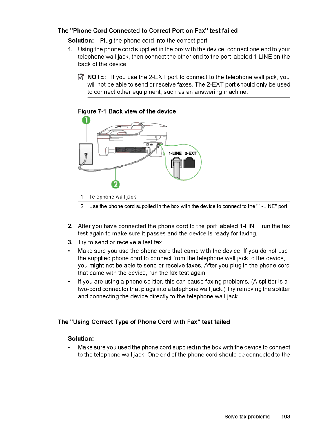 HP 4500 - G510a manual Phone Cord Connected to Correct Port on Fax test failed, Back view of the device 