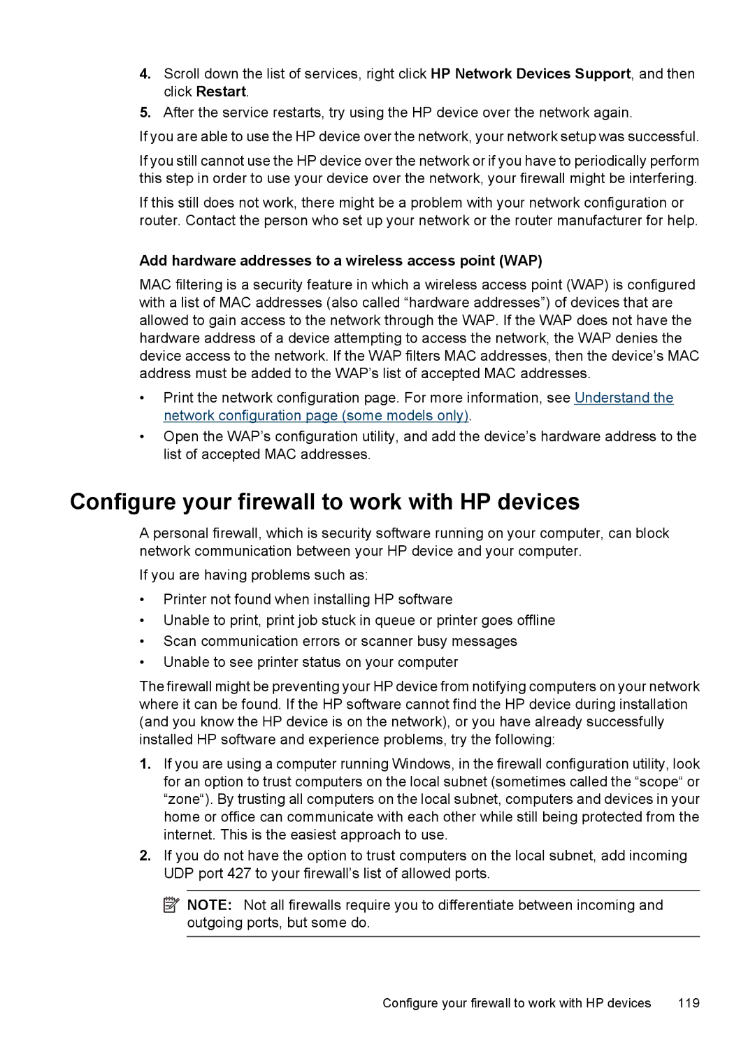 HP 4500 - G510a Configure your firewall to work with HP devices, Add hardware addresses to a wireless access point WAP 