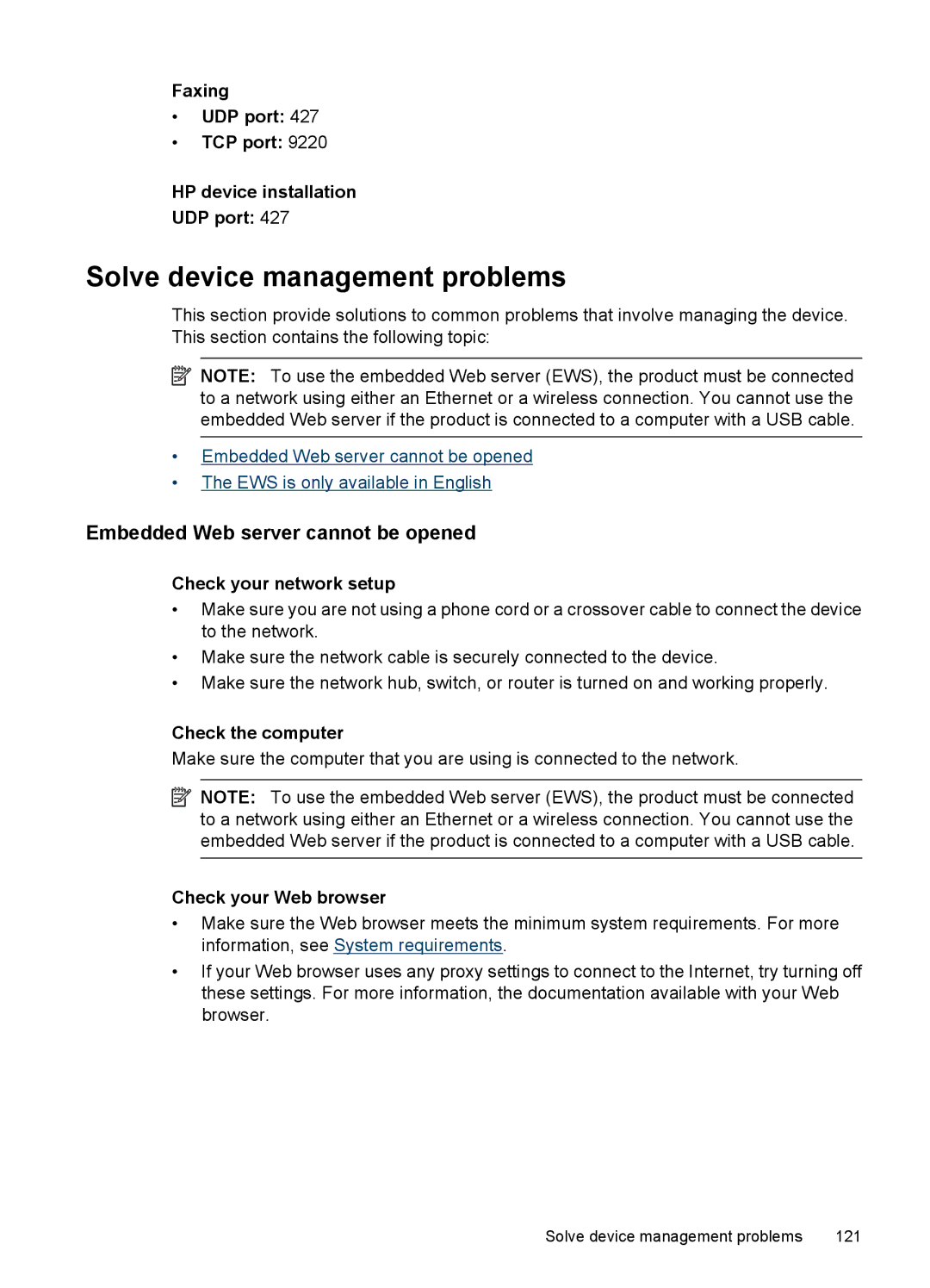 HP 4500 - G510a manual Solve device management problems, Embedded Web server cannot be opened 