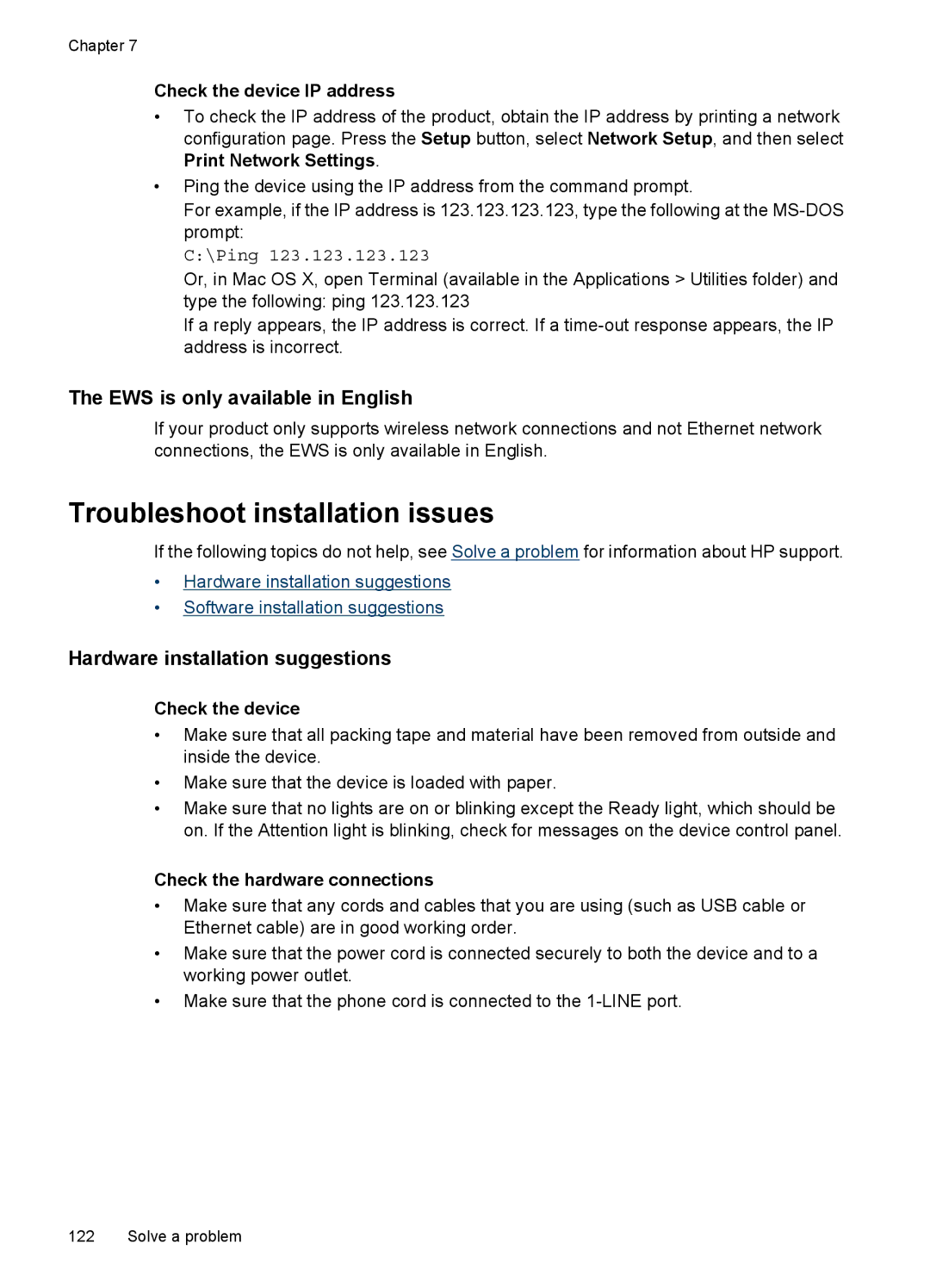 HP 4500 - G510a Troubleshoot installation issues, EWS is only available in English, Hardware installation suggestions 