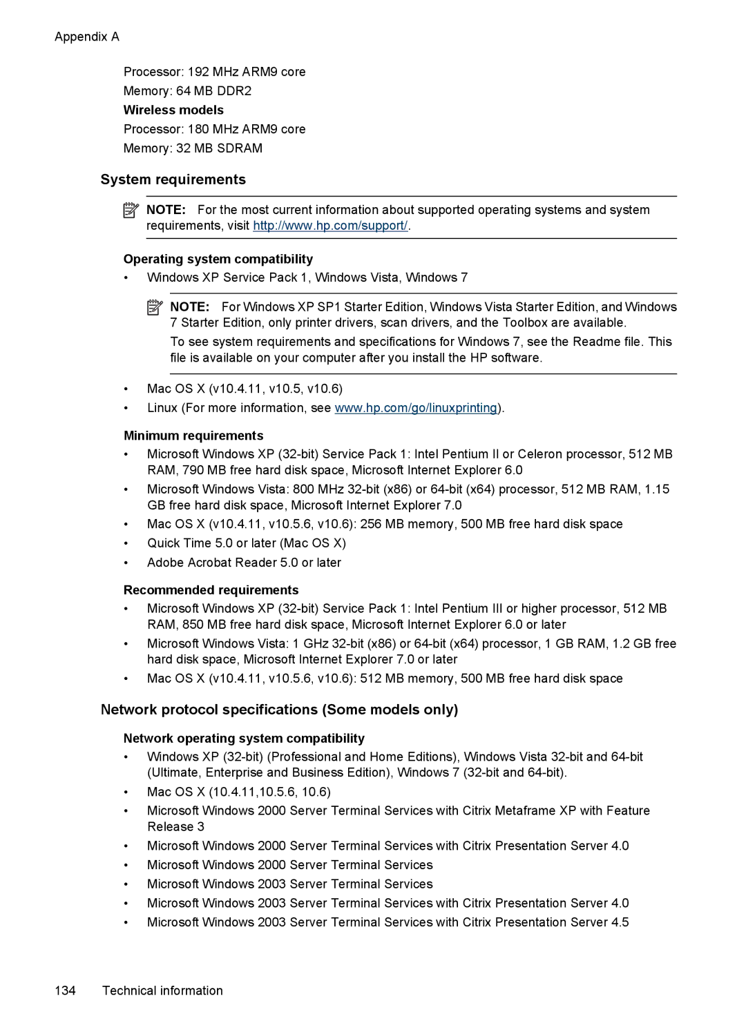 HP 4500 - G510a manual System requirements, Network protocol specifications Some models only 