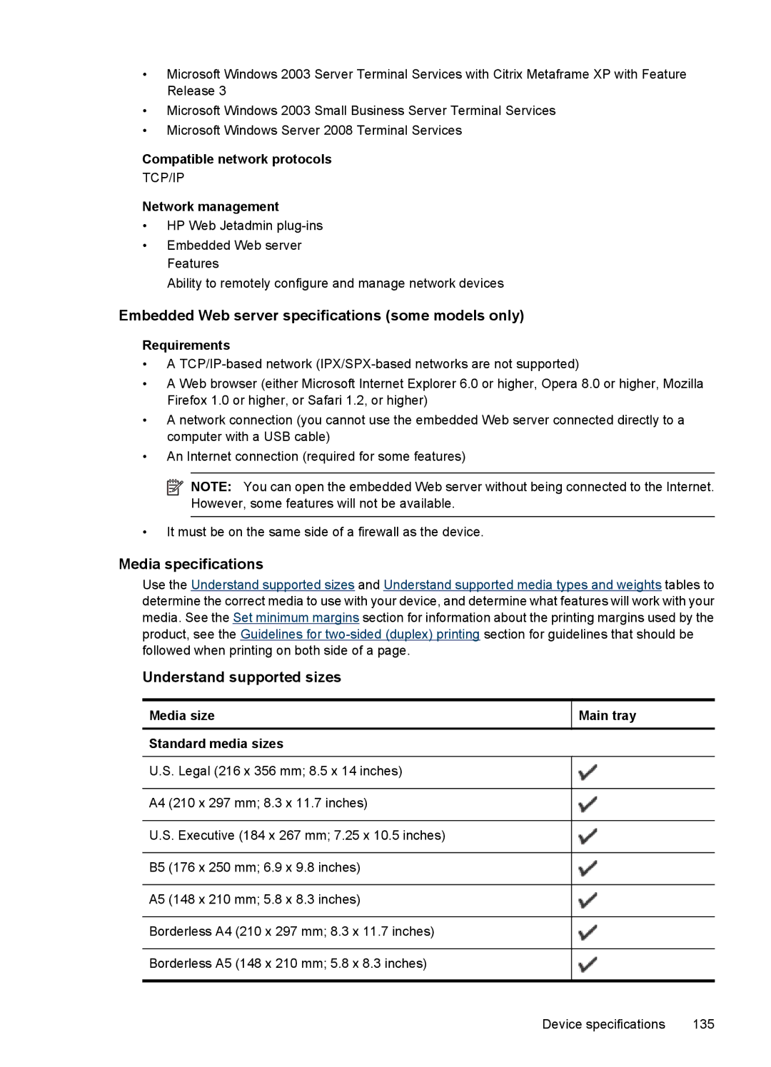 HP 4500 - G510a Embedded Web server specifications some models only, Media specifications, Understand supported sizes 