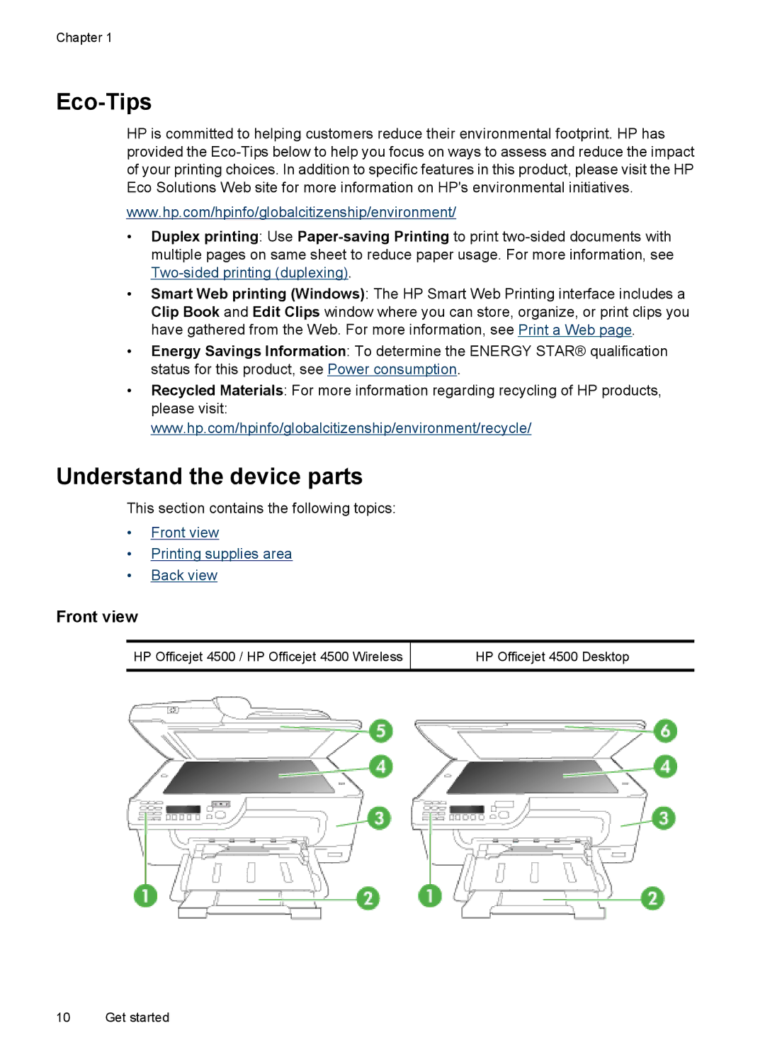 HP 4500 - G510a manual Eco-Tips, Understand the device parts, Front view 