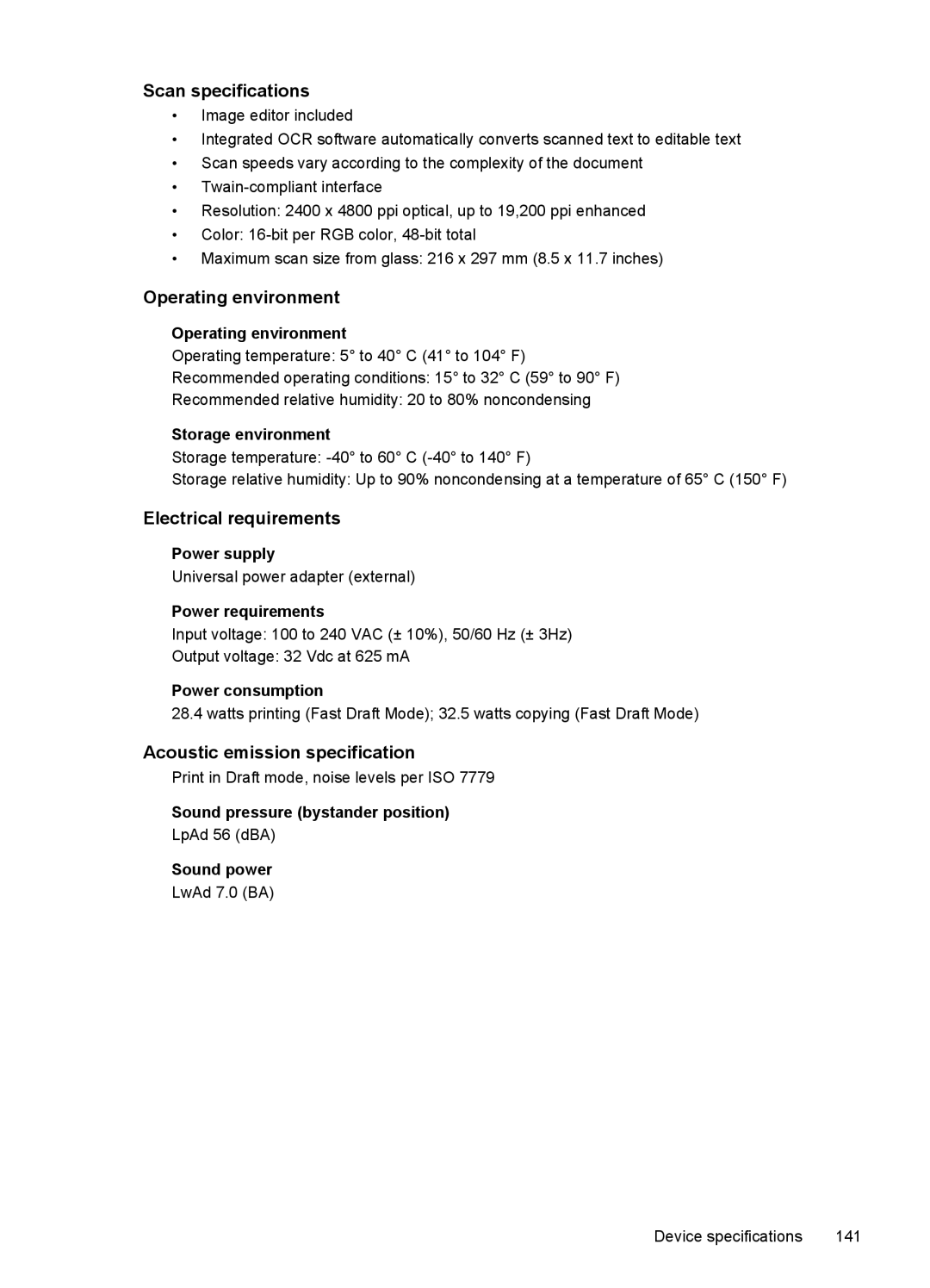 HP 4500 - G510a manual Scan specifications, Operating environment, Electrical requirements, Acoustic emission specification 