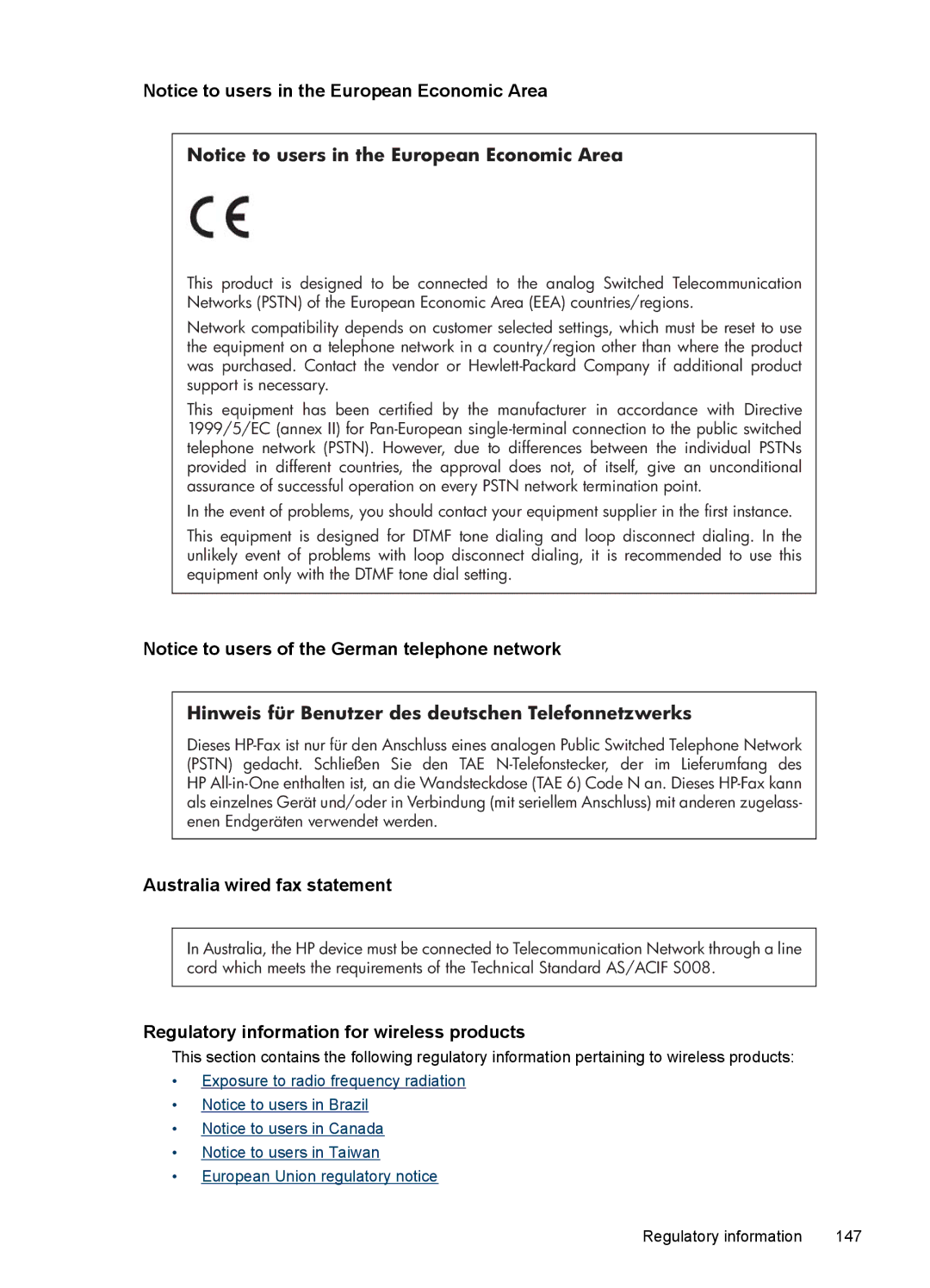 HP 4500 - G510a manual Australia wired fax statement, Regulatory information for wireless products 