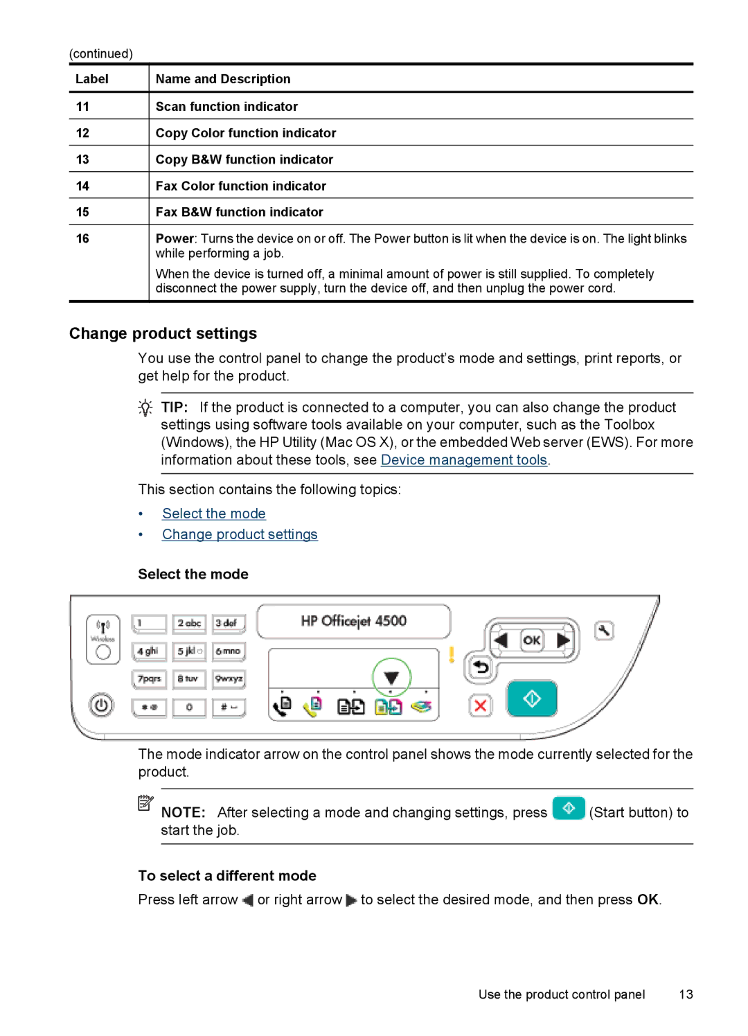 HP 4500 - G510a manual Change product settings, Select the mode, To select a different mode 