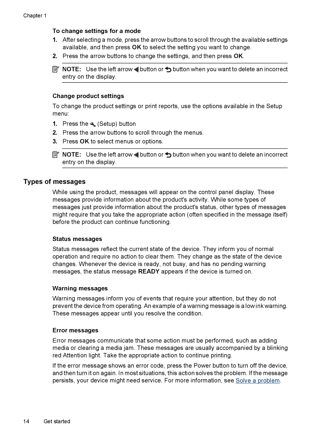 HP 4500 - G510a Types of messages, To change settings for a mode, Change product settings, Status messages, Error messages 