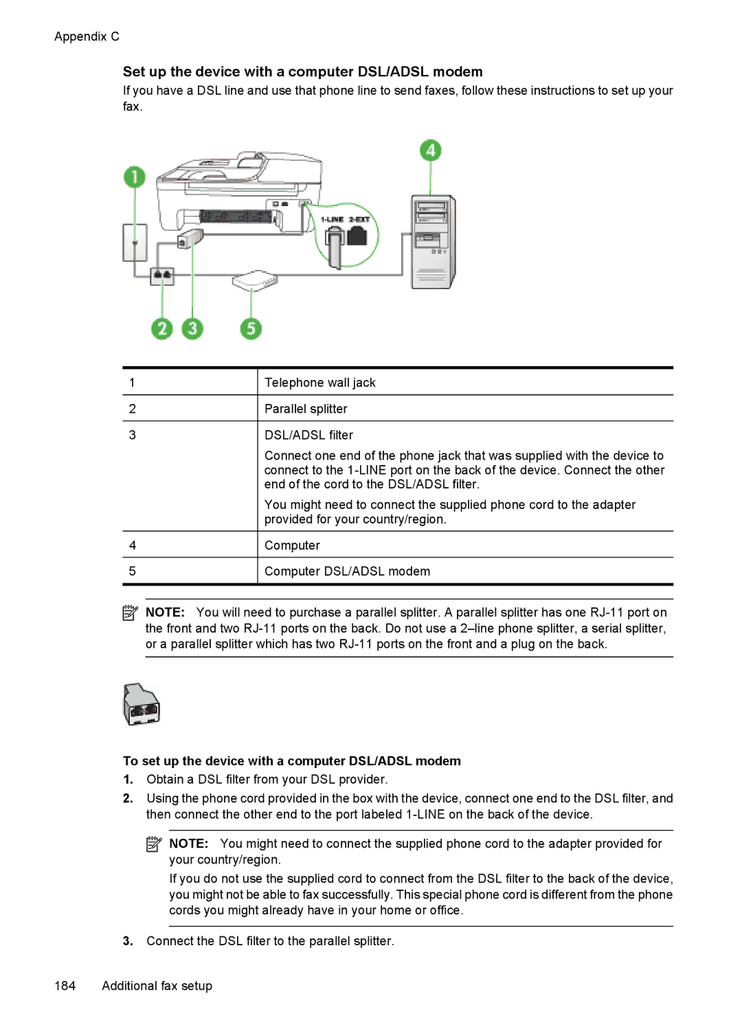 HP 4500 - G510a Set up the device with a computer DSL/ADSL modem, To set up the device with a computer DSL/ADSL modem 