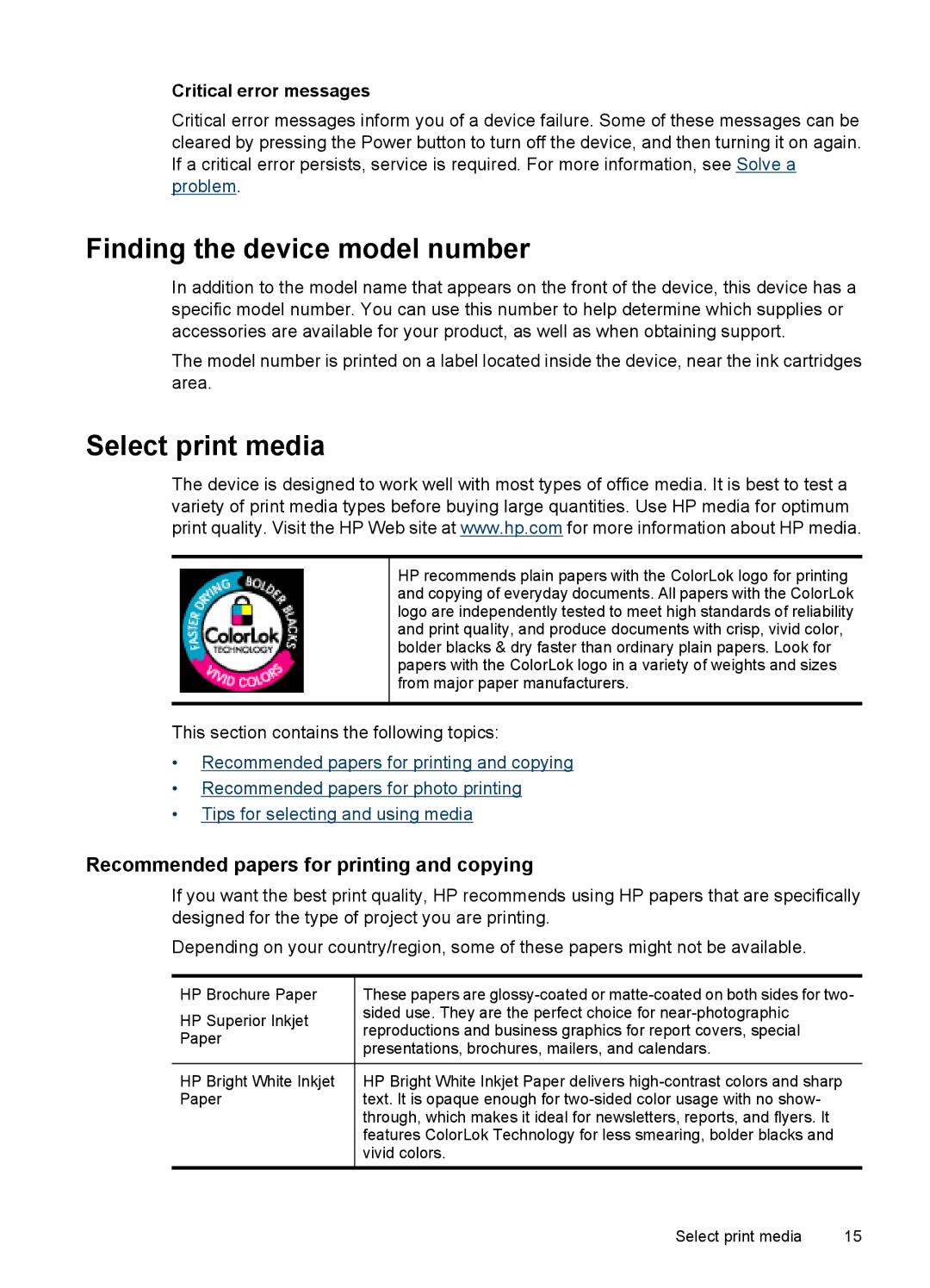 HP 4500 - G510a manual Finding the device model number, Select print media, Recommended papers for printing and copying 