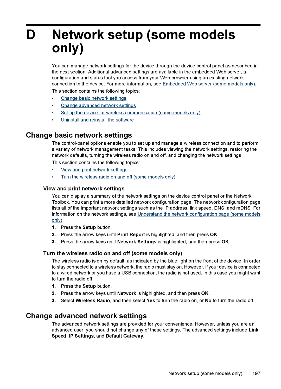 HP 4500 - G510a manual Network setup some models only, Change basic network settings, Change advanced network settings 