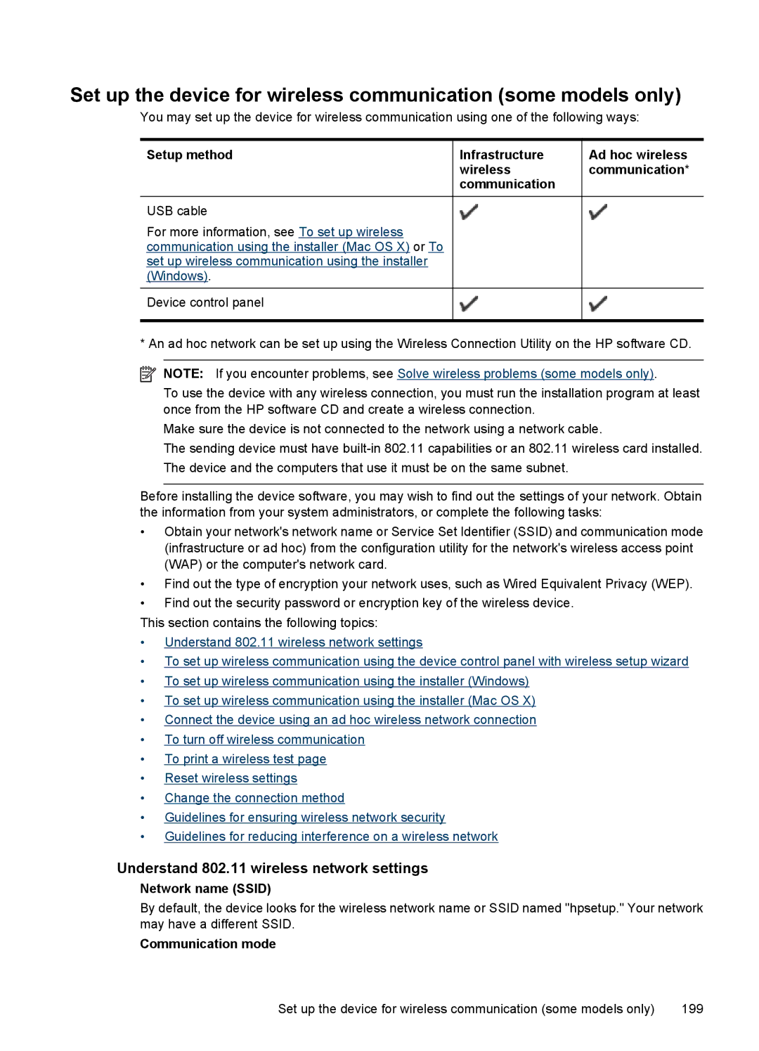 HP 4500 - G510a Understand 802.11 wireless network settings, Device control panel, Network name Ssid, Communication mode 