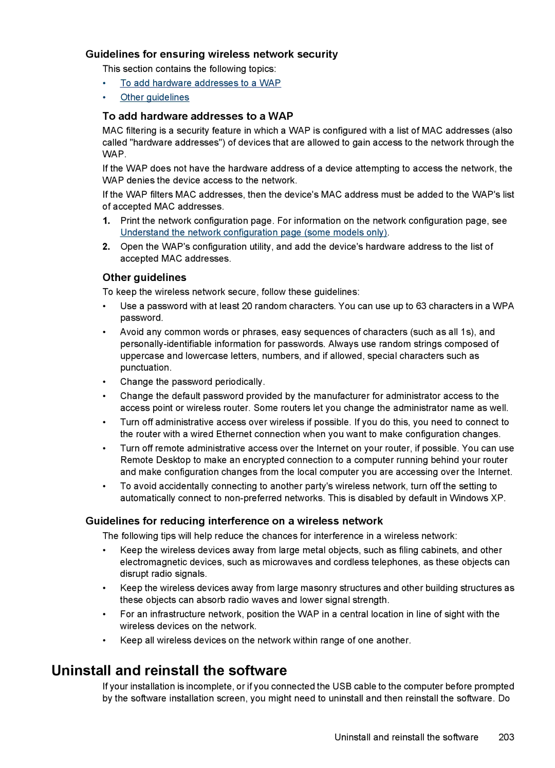 HP 4500 - G510a Uninstall and reinstall the software, Guidelines for ensuring wireless network security, Other guidelines 
